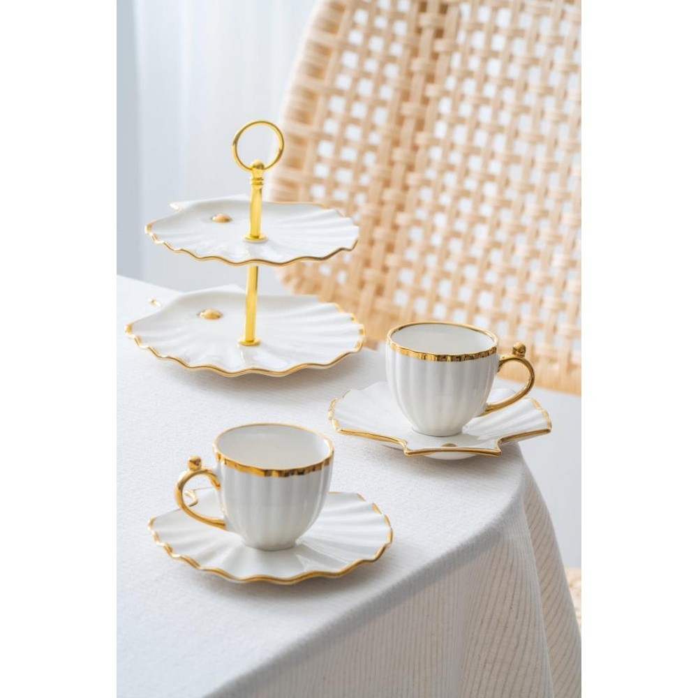 ACAR Shelly Altın 2 Kişilik Standlı Mini KAI-07649 Pasta ve Kahve Porselen Fincan Takımı