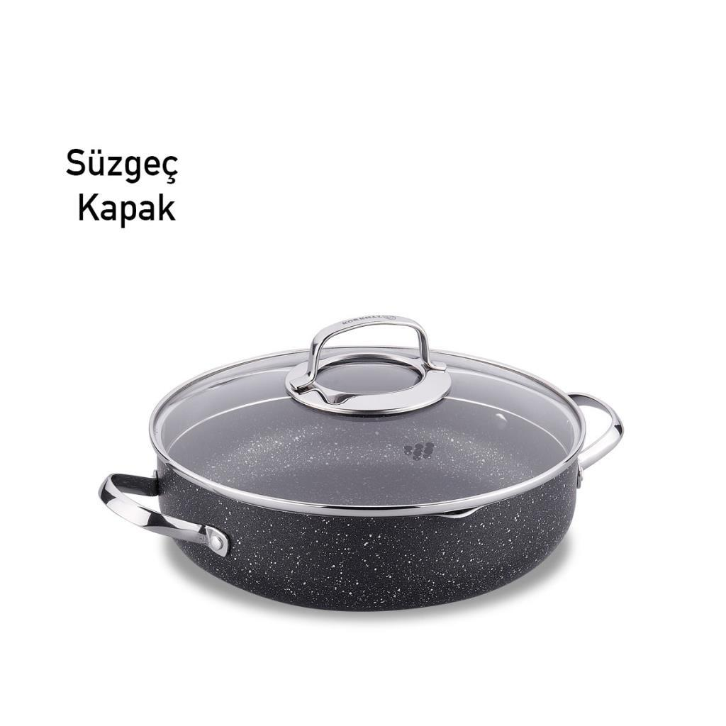 Gümüş saplı, cam kapaklı, granit desenli gri tencere.
