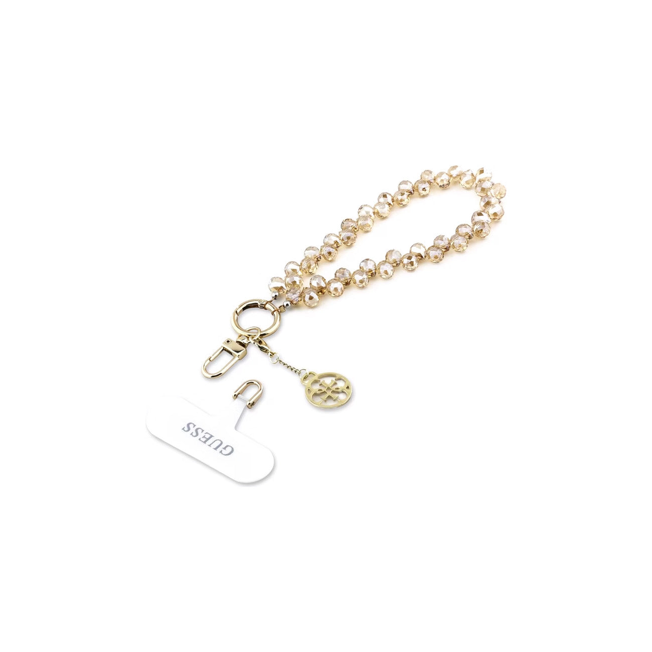 Un llavero dorado con cuentas y un charm de logo Guess.