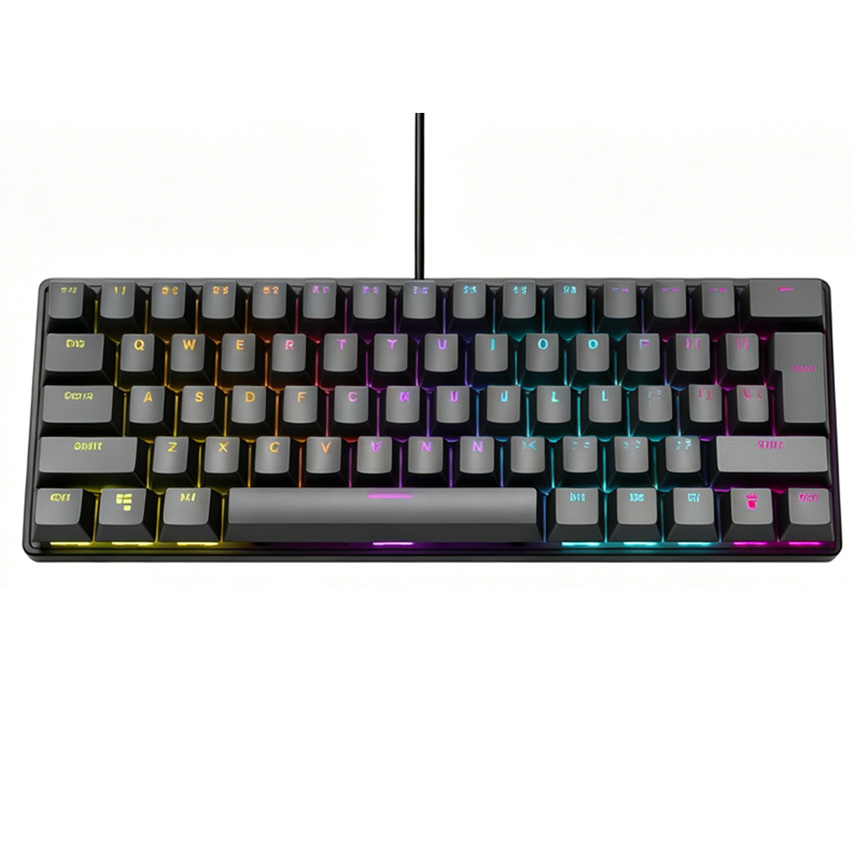 Szara klawiatura mechaniczna z podświetleniem RGB, umieszczona na białym tle.