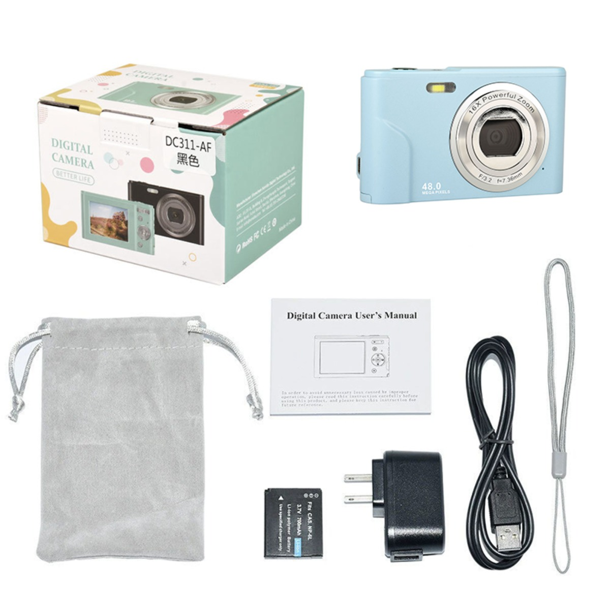 Lichtblauwe digitale camera met doos, gebruikershandleiding, batterij, oplader, kabel en etui.