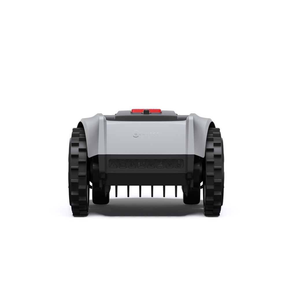 Szary robot koszący z czarnymi kołami i czerwonymi przyciskami.