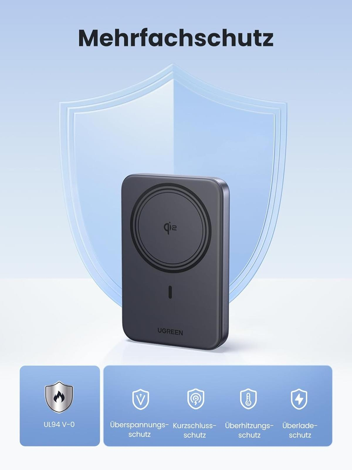 Un caricabatterie wireless grigio con logo Qi, che offre molteplici protezioni.
