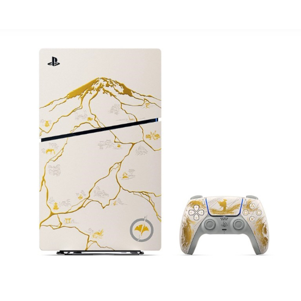 Biała konsola PlayStation i kontroler ze złotym motywem góry i krajobrazu.