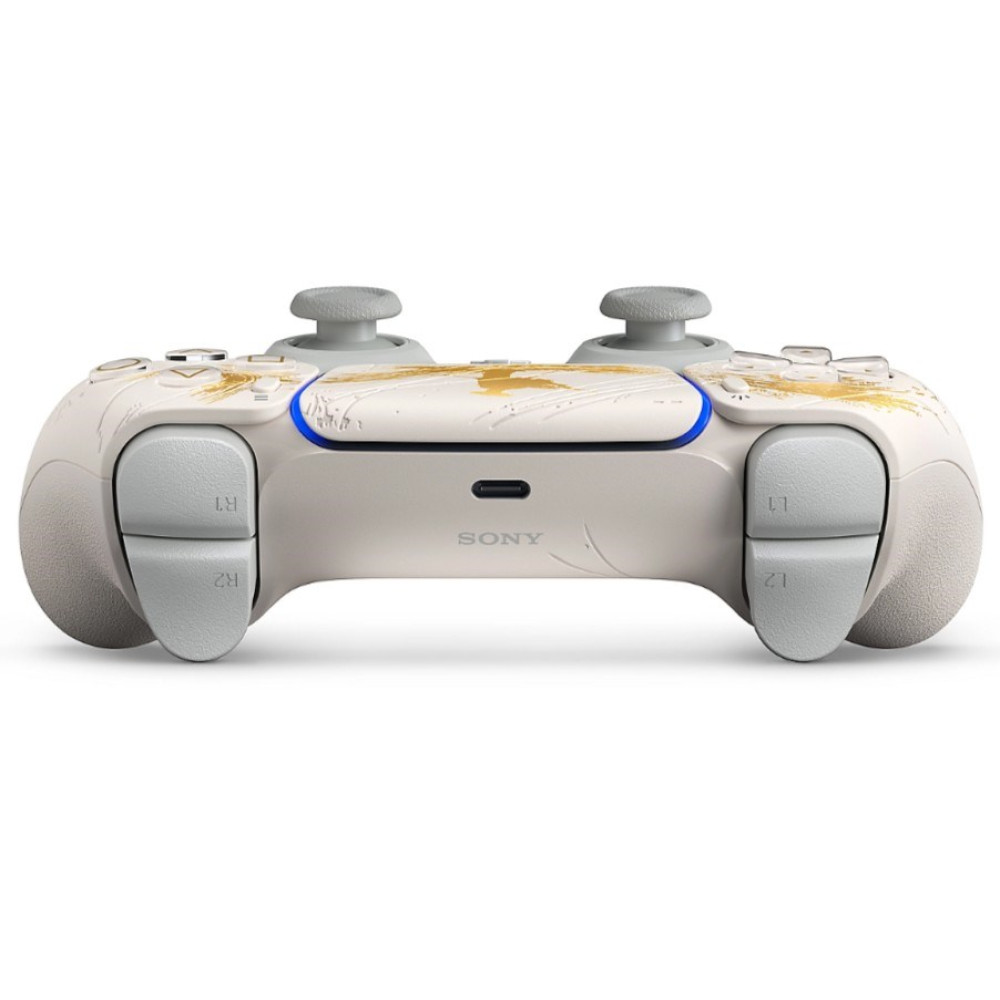 Biały kontroler PlayStation 5 ze złotymi akcentami i szarymi przyciskami.