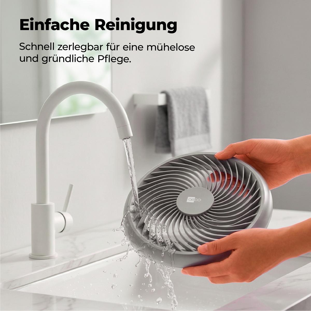 Eine Hand hält einen grauen Lüfter unter fließendem Wasser in einem Waschbecken.