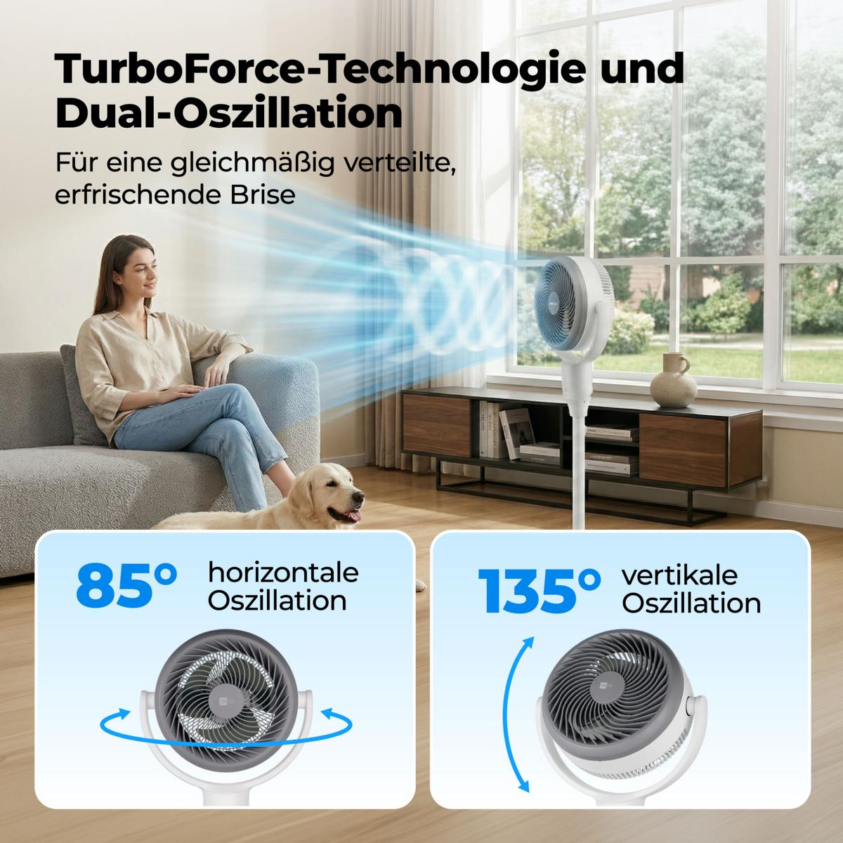 Ein Ventilator mit TurboForce-Technologie und Dual-Oszillation in einem Wohnzimmer.