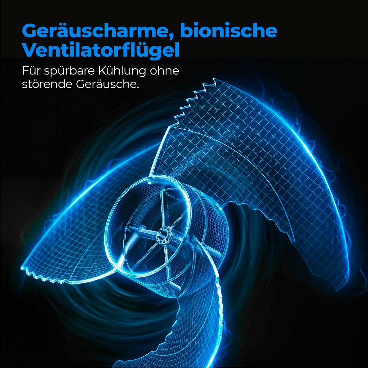 Abstrakte blaue Ventilatorflügel mit Gitternetzstruktur auf schwarzem Hintergrund.