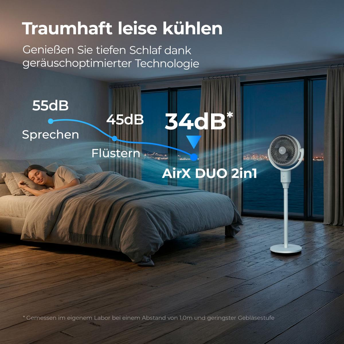 Eine Frau schläft im Bett, während ein Ventilator leise kühlt. Schallpegelanzeige.