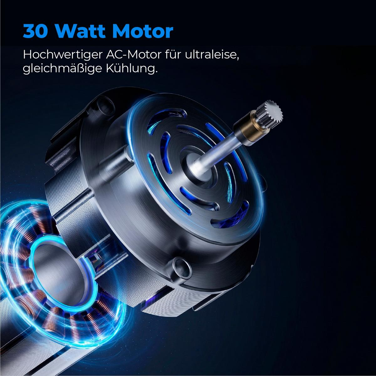 Nahaufnahme eines 30-Watt-AC-Motors mit blau leuchtenden Spulen und einer silbernen Welle.