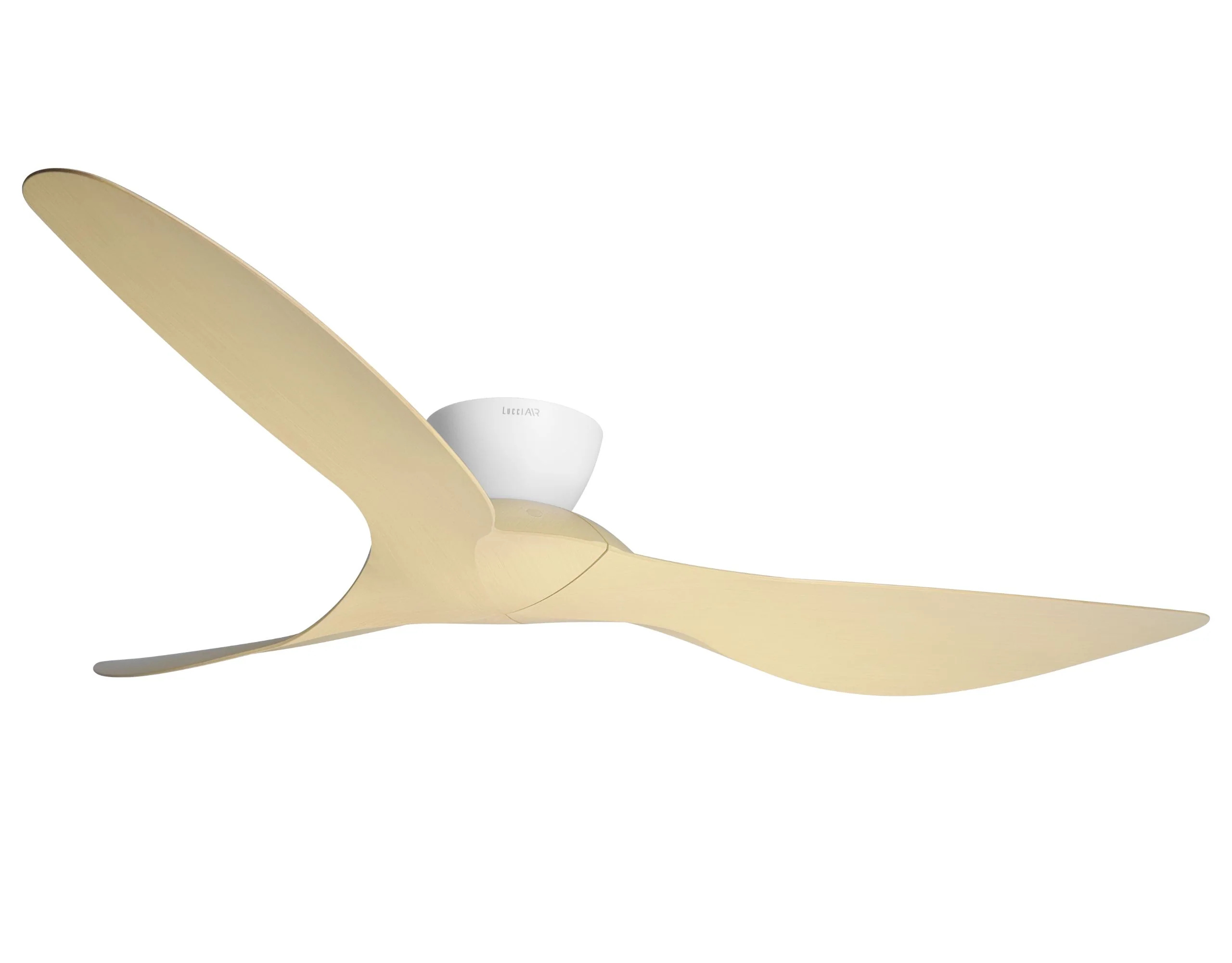 Ein moderner Deckenventilator mit drei cremefarbenen Flügeln und einem weißen Gehäuse.