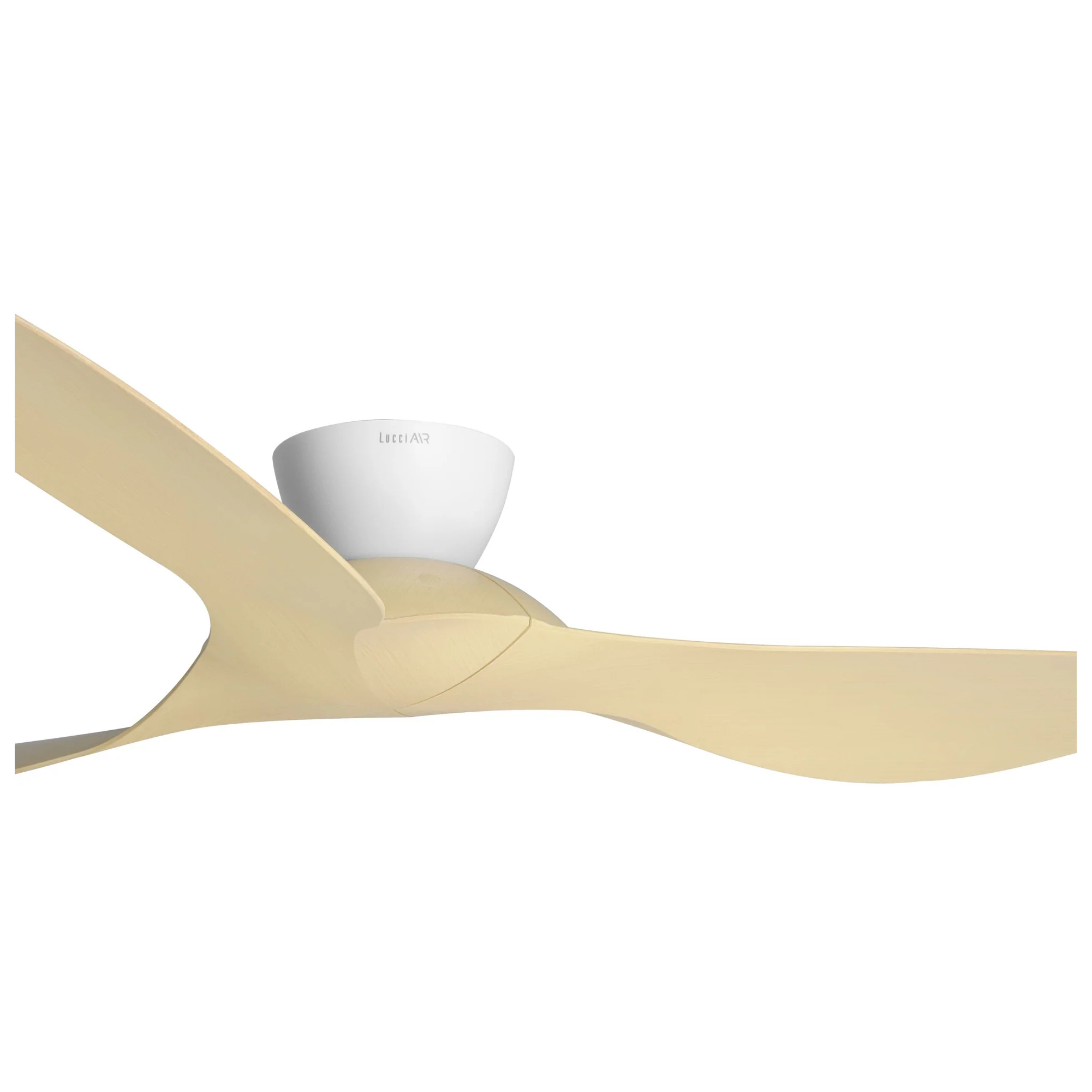 Ein moderner Deckenventilator mit cremefarbenen Flügeln und weißer Mitte.