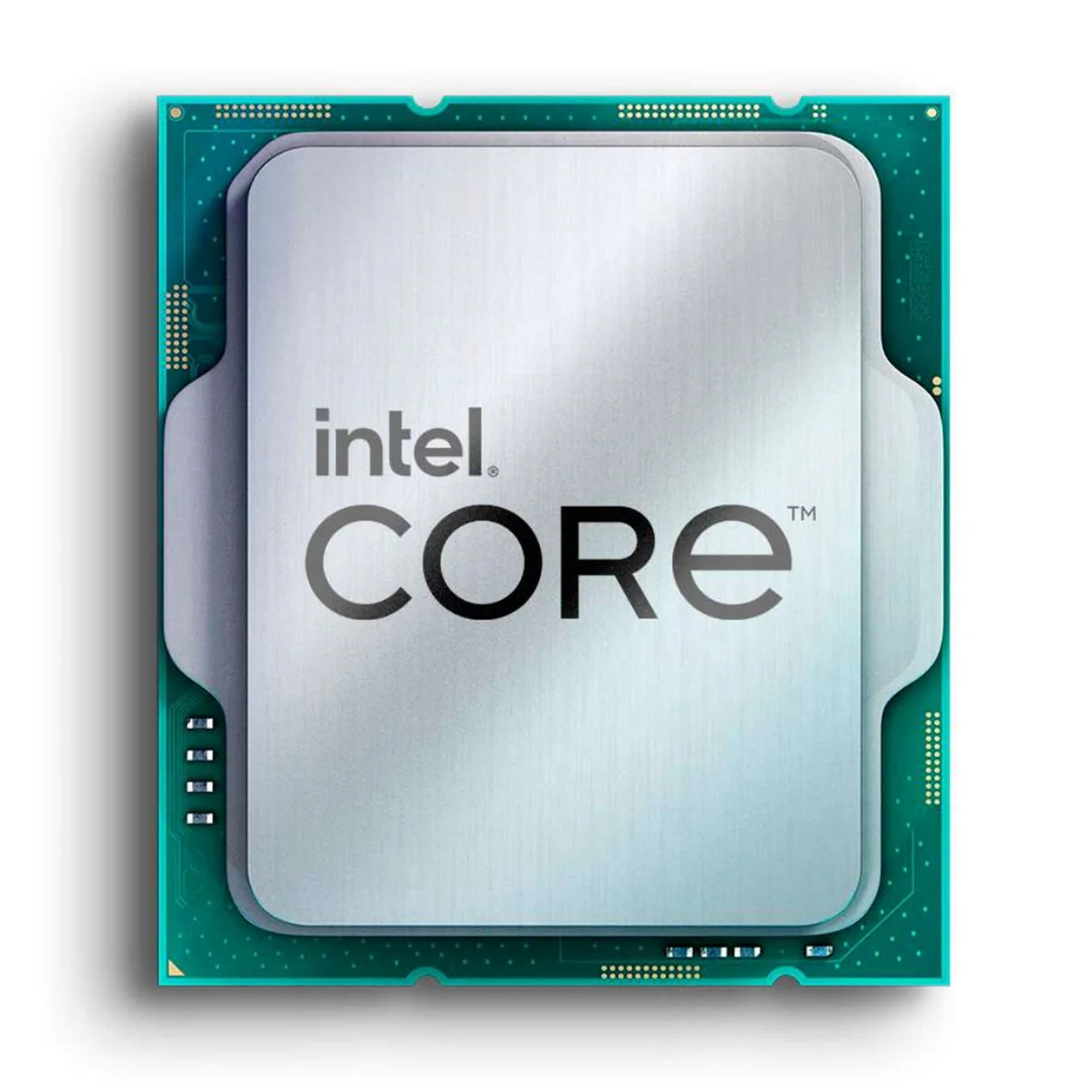Gümüş üst, yeşil devre kartı ve altın kontaklara sahip Intel Core CPU.