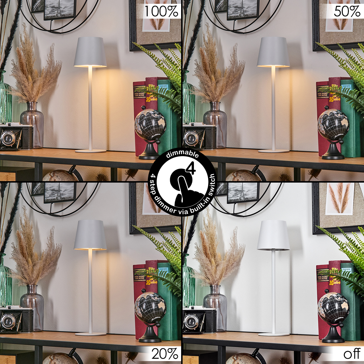 Vier Ansichten einer Lampe: 100%, 50%, 20% und aus.