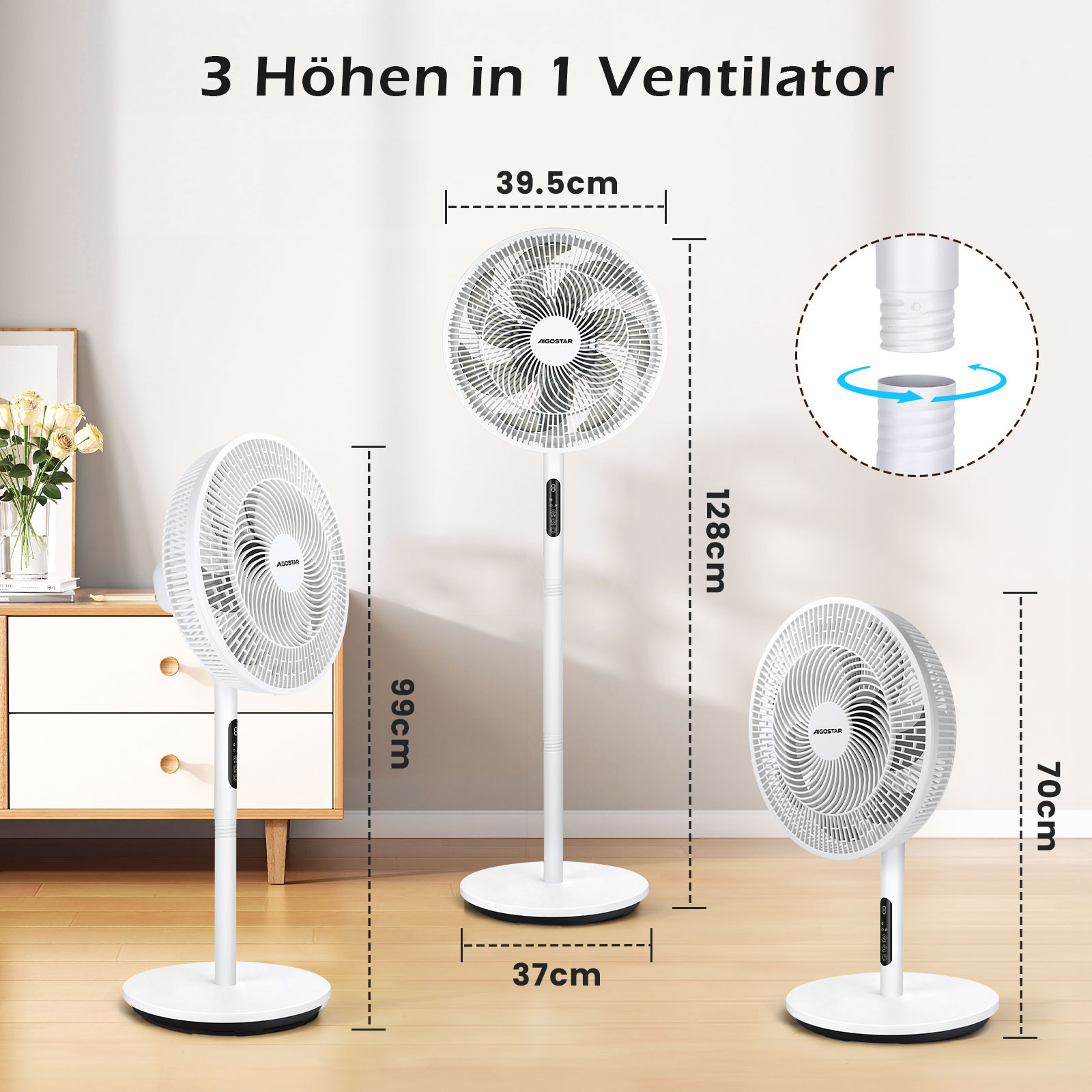 Drei weiße Ventilatoren in verschiedenen Höhen, mit Maßen.