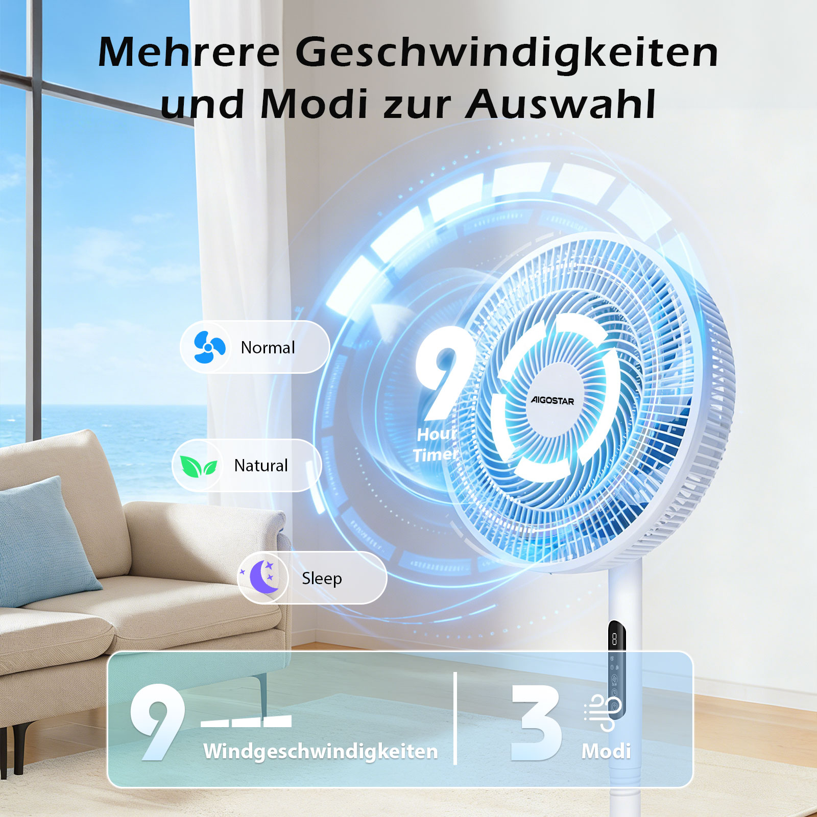 Ein Ventilator mit 9 Geschwindigkeiten und 3 Modi, auf einem Sofa im Hintergrund.
