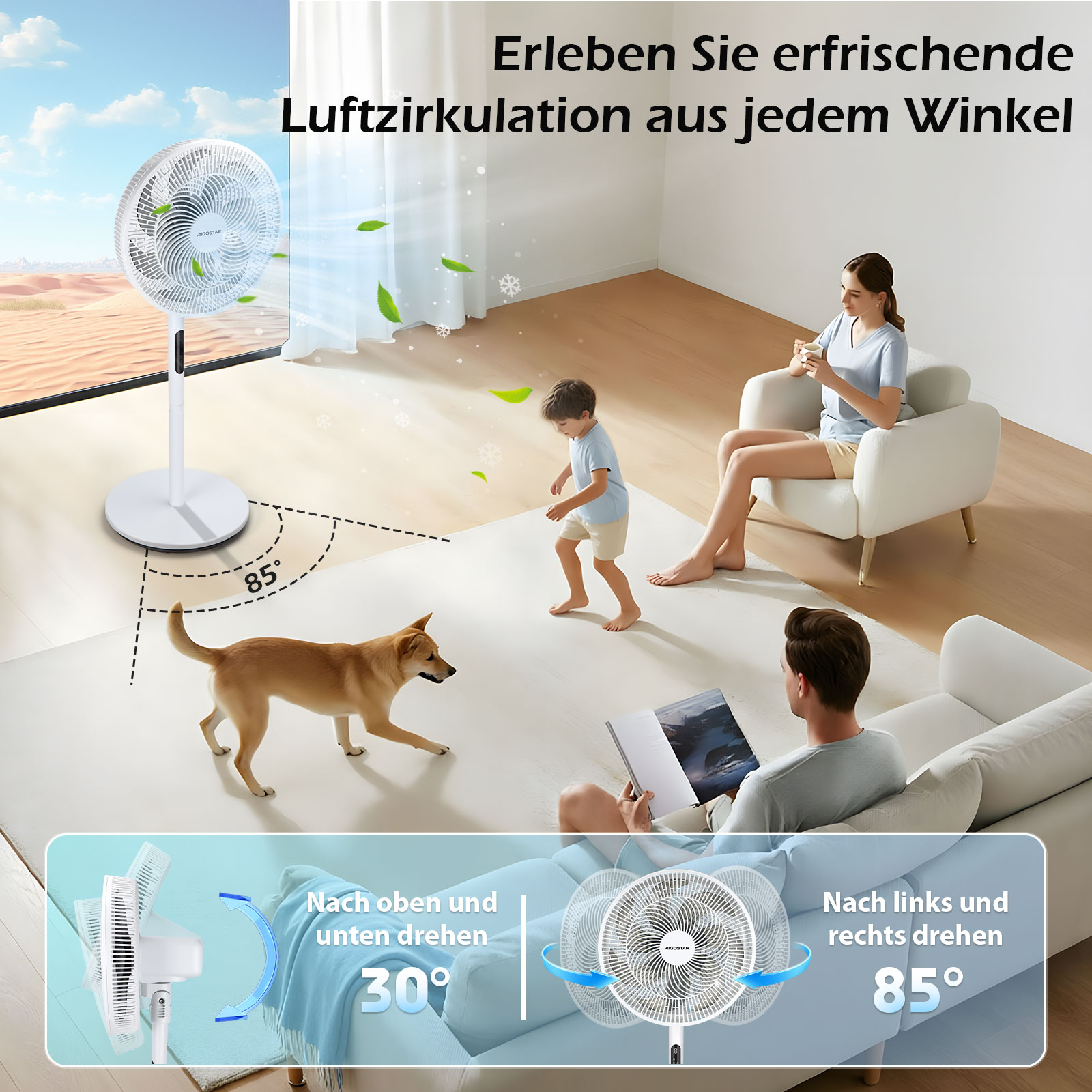 Ein weißer Standventilator, ein Hund, ein Junge und eine Frau in einem Wohnzimmer.