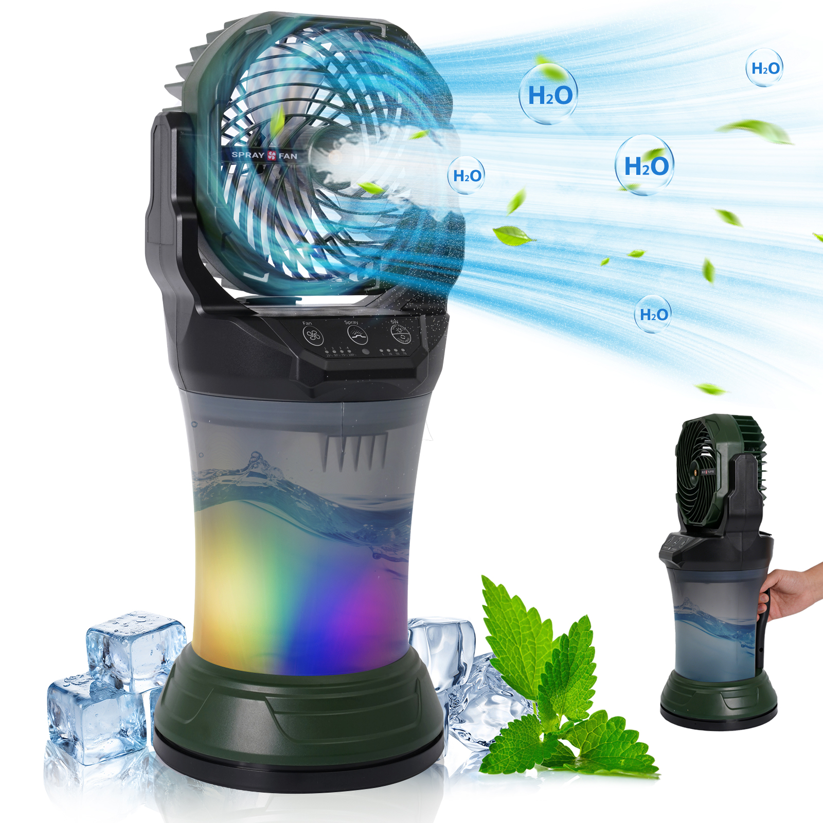 Ein Sprühventilator mit Wassertank, Eiswürfeln und Minzblättern.