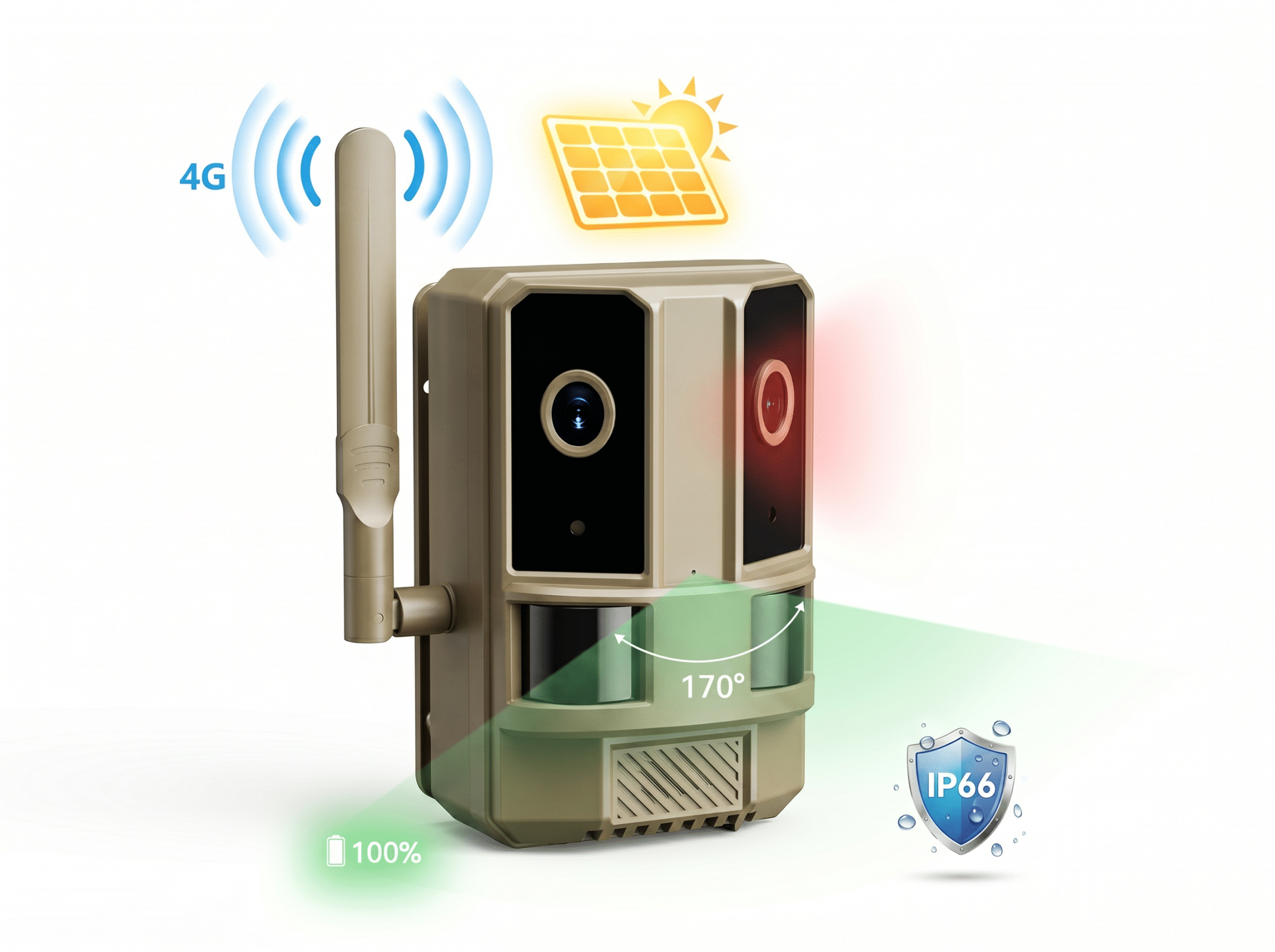 Wildkamera mit 4G, Solarpanel, 170° Erfassung und IP66-Schutz.