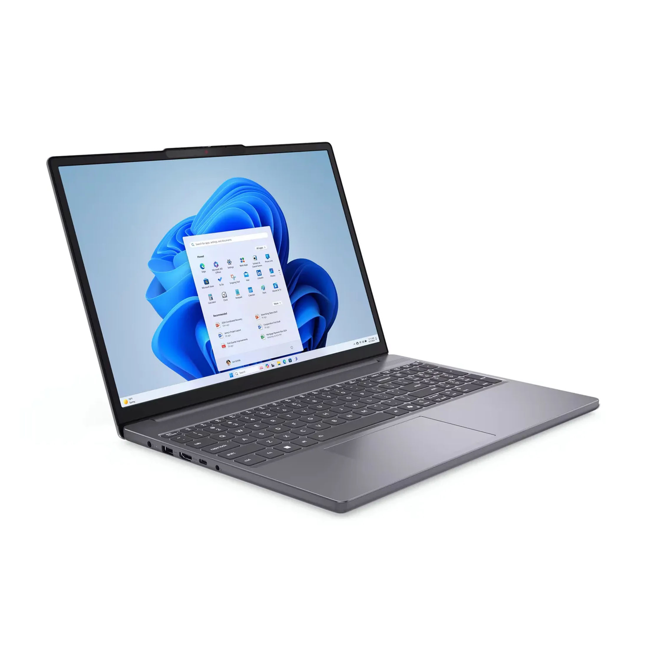 Un laptop grigio che mostra Windows 11 sullo schermo.