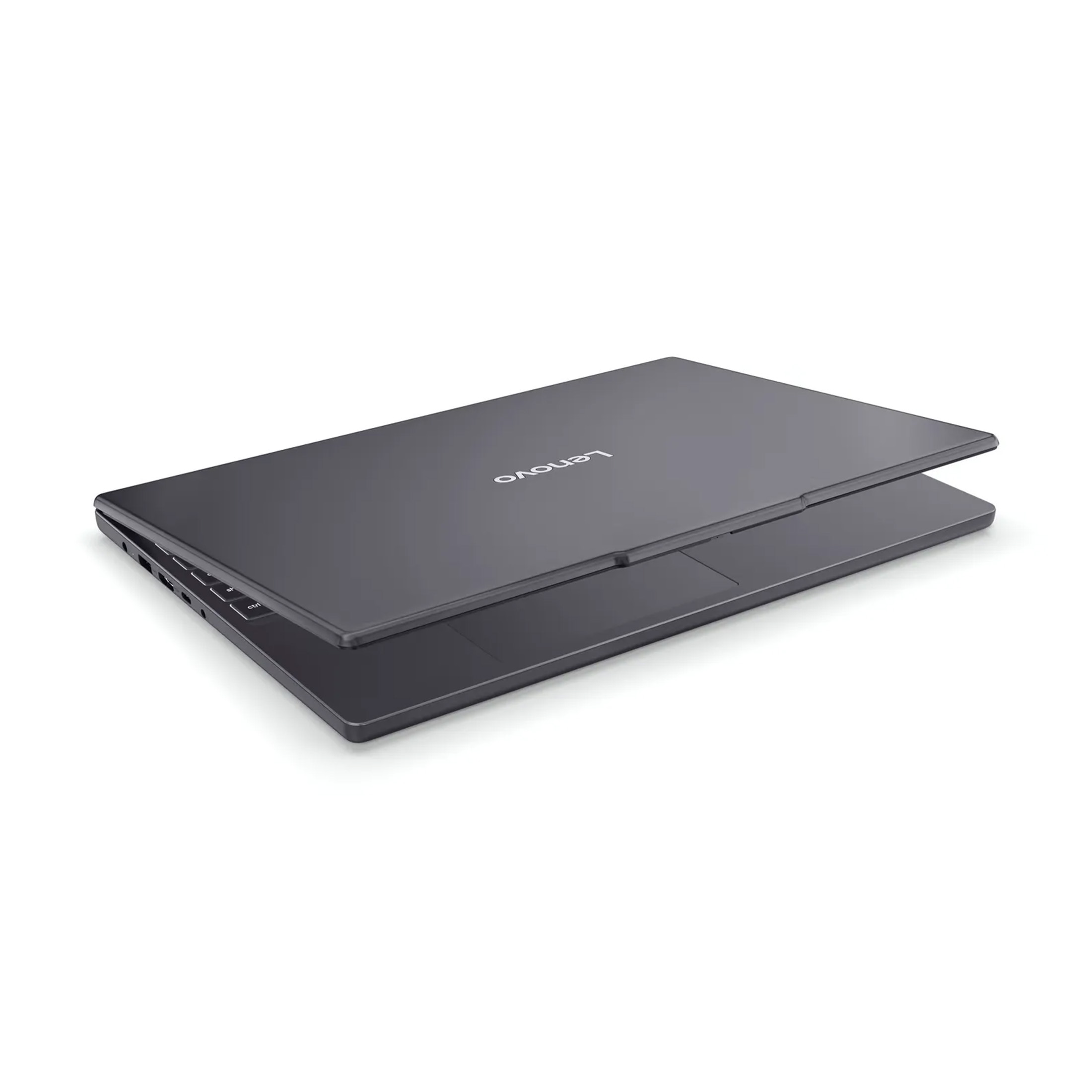 Laptop Lenovo grigio con coperchio aperto, scritte bianche.