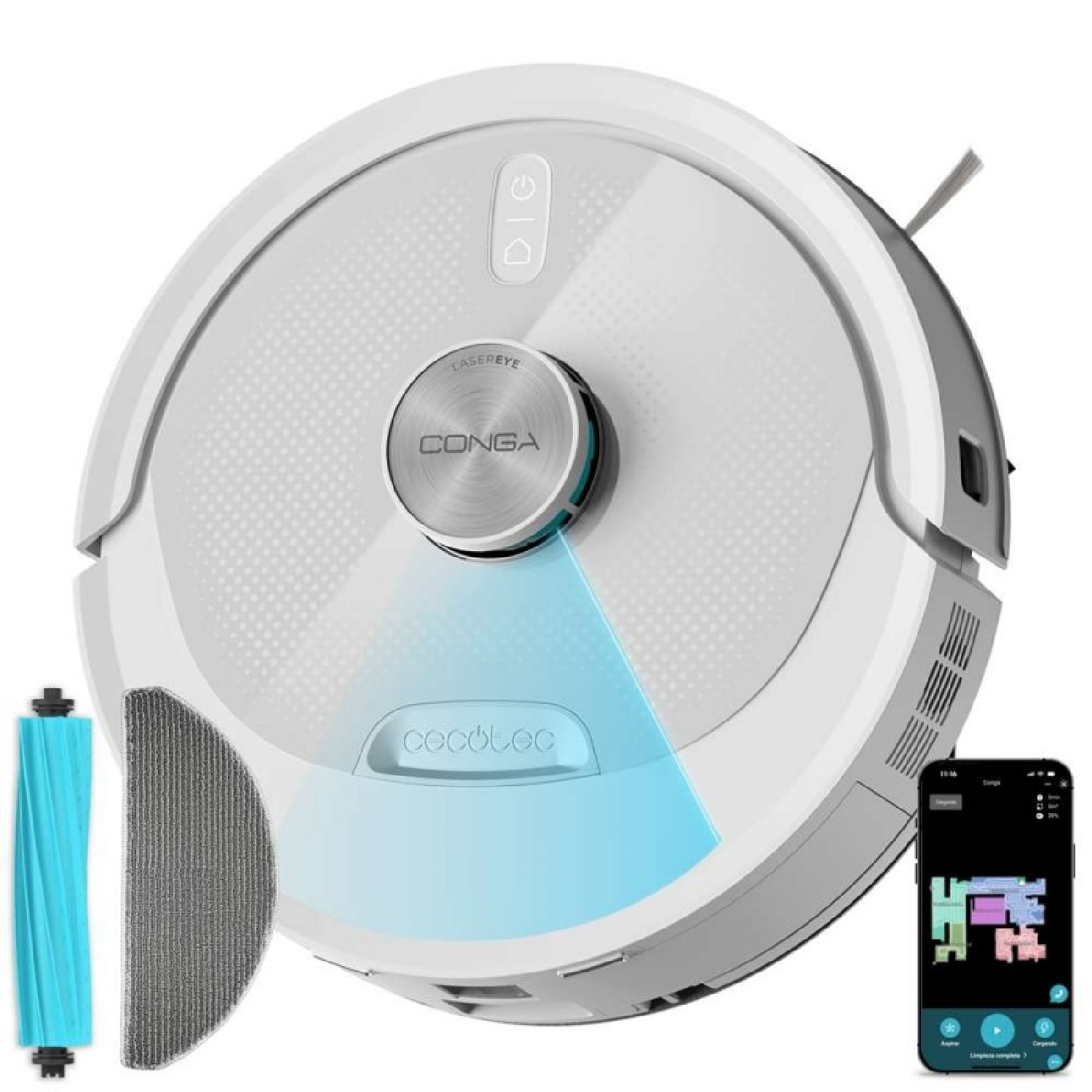 Robot aspirapolvere bianco con navigazione laser, spazzola di ricambio, panno e app.