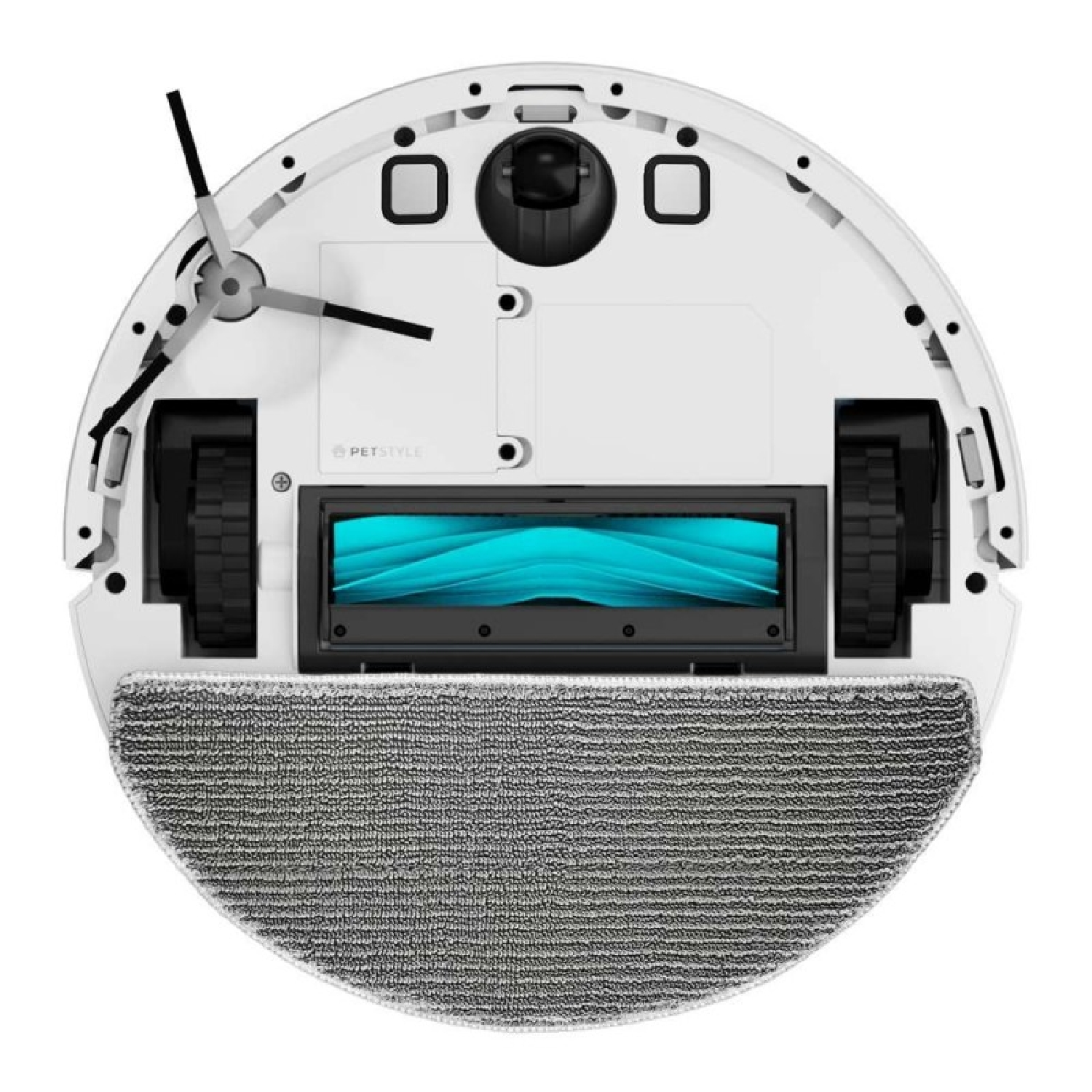 Parte inferiore di un robot aspirapolvere bianco con spazzola, ruote e panno.