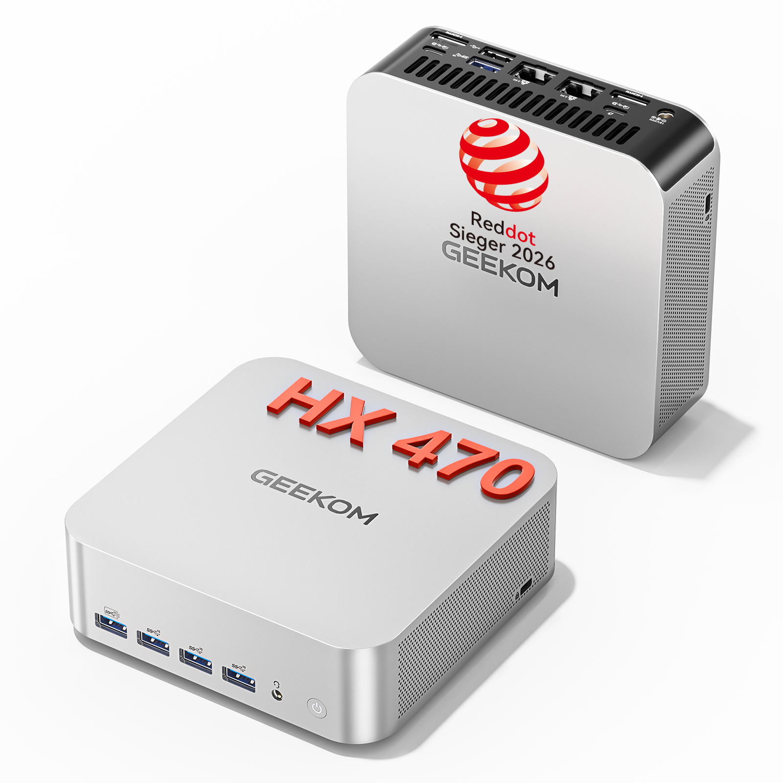 Zwei GEEKOM Mini-PCs: HX 470 vorne, mit USB-Ports, und ein weiterer hinten mit Red Dot Logo.