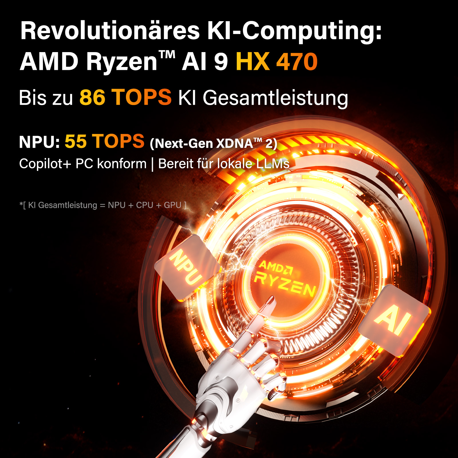 AMD Ryzen KI-Chip mit "NPU" und "AI" Symbolen, Hintergrund mit leuchtenden Ringen.