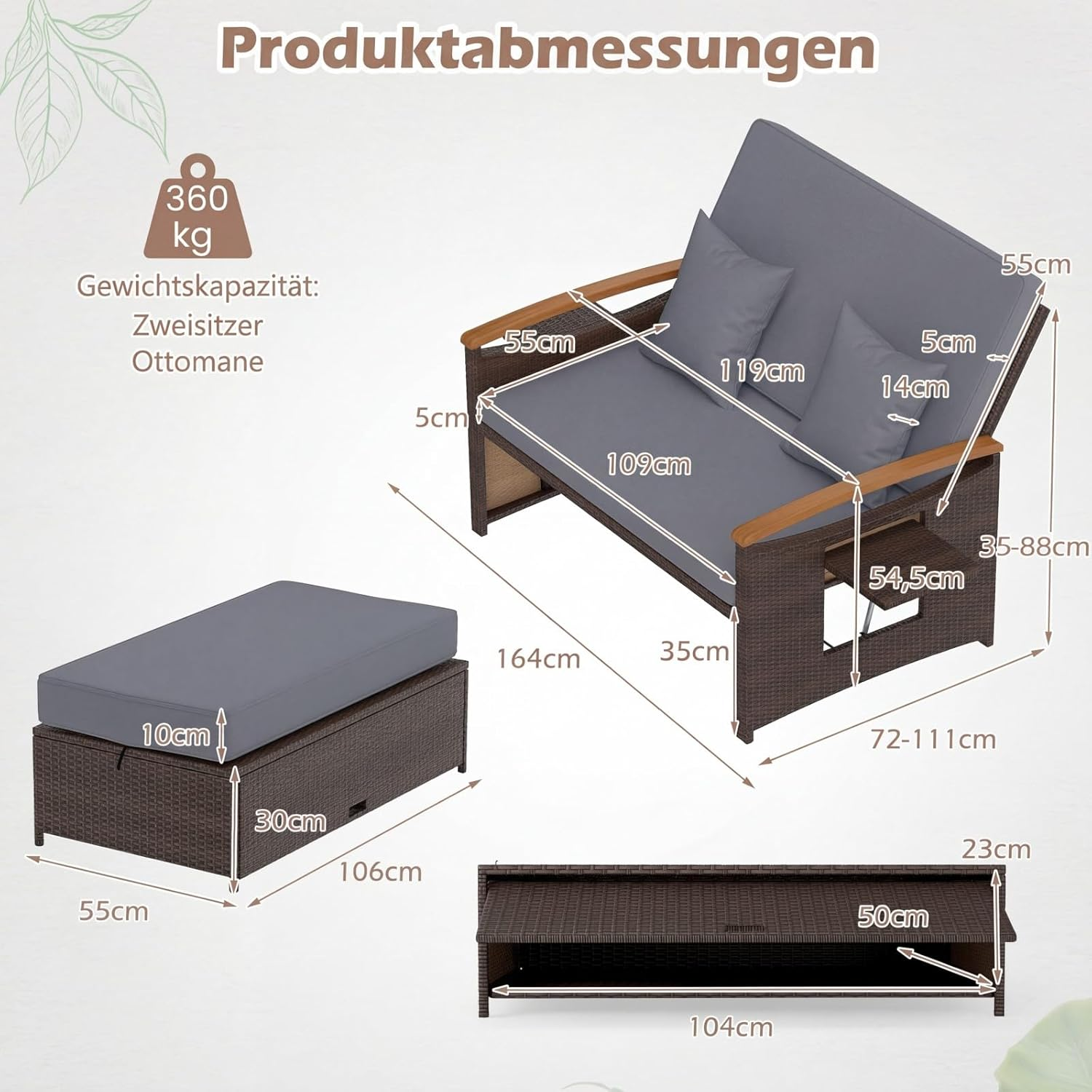 Außenmöbel-Set Maße: Sofa, Hocker und Tisch. Max. Last 360kg.