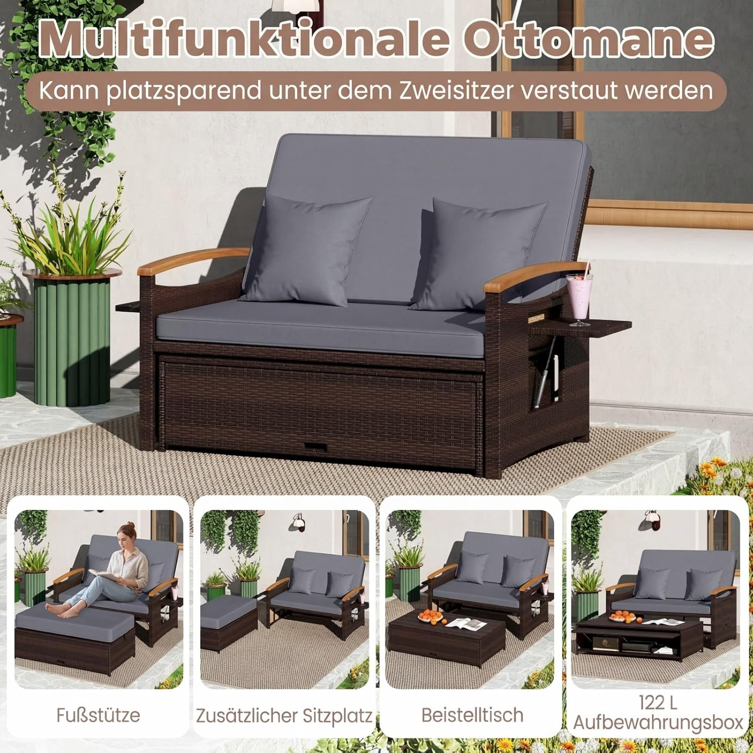 Braune Multifunktions-Ottomane mit grauen Kissen, Beistelltisch und Pflanzen.