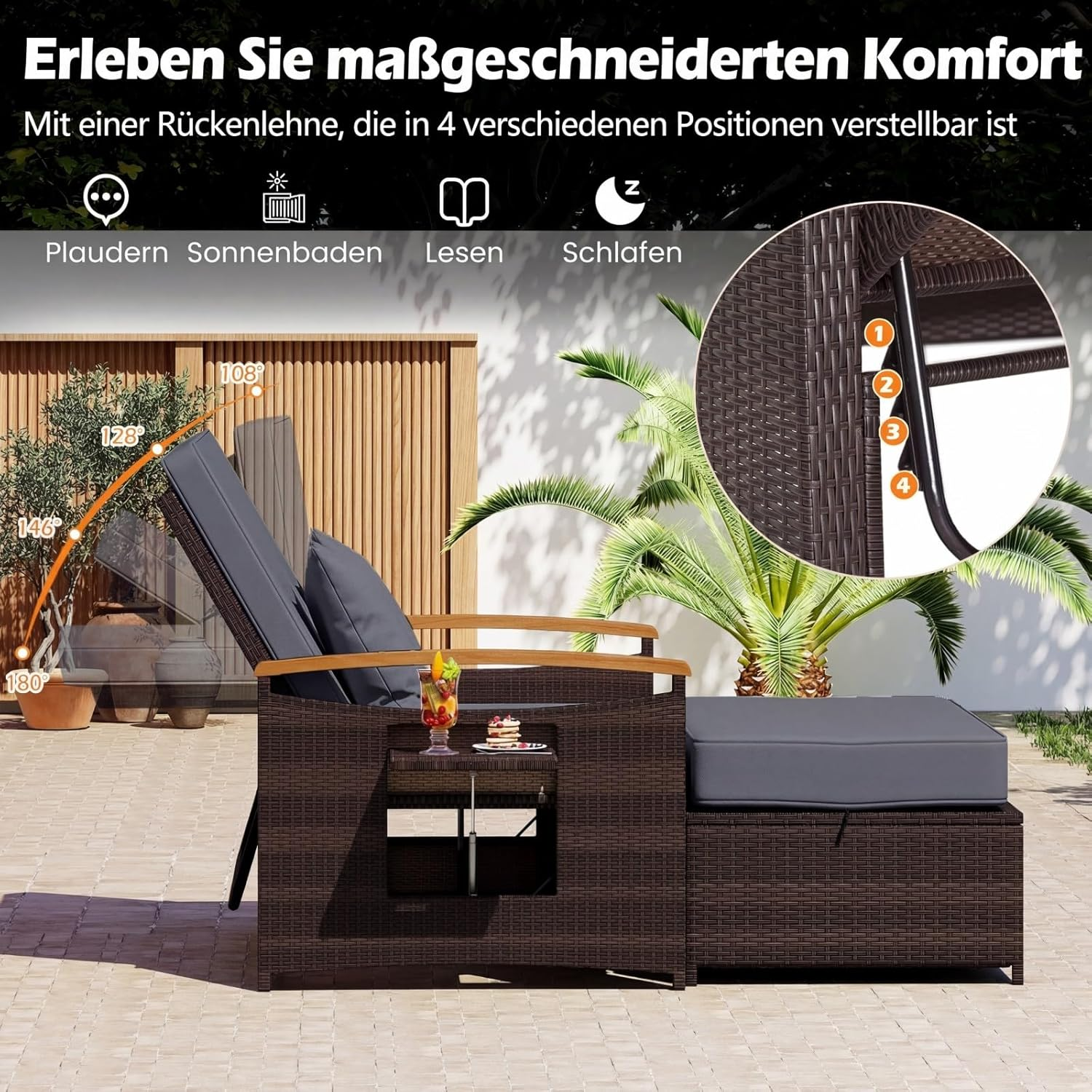 Brauner Rattan-Sessel mit verstellbarer Rückenlehne, Deko und Getränk.