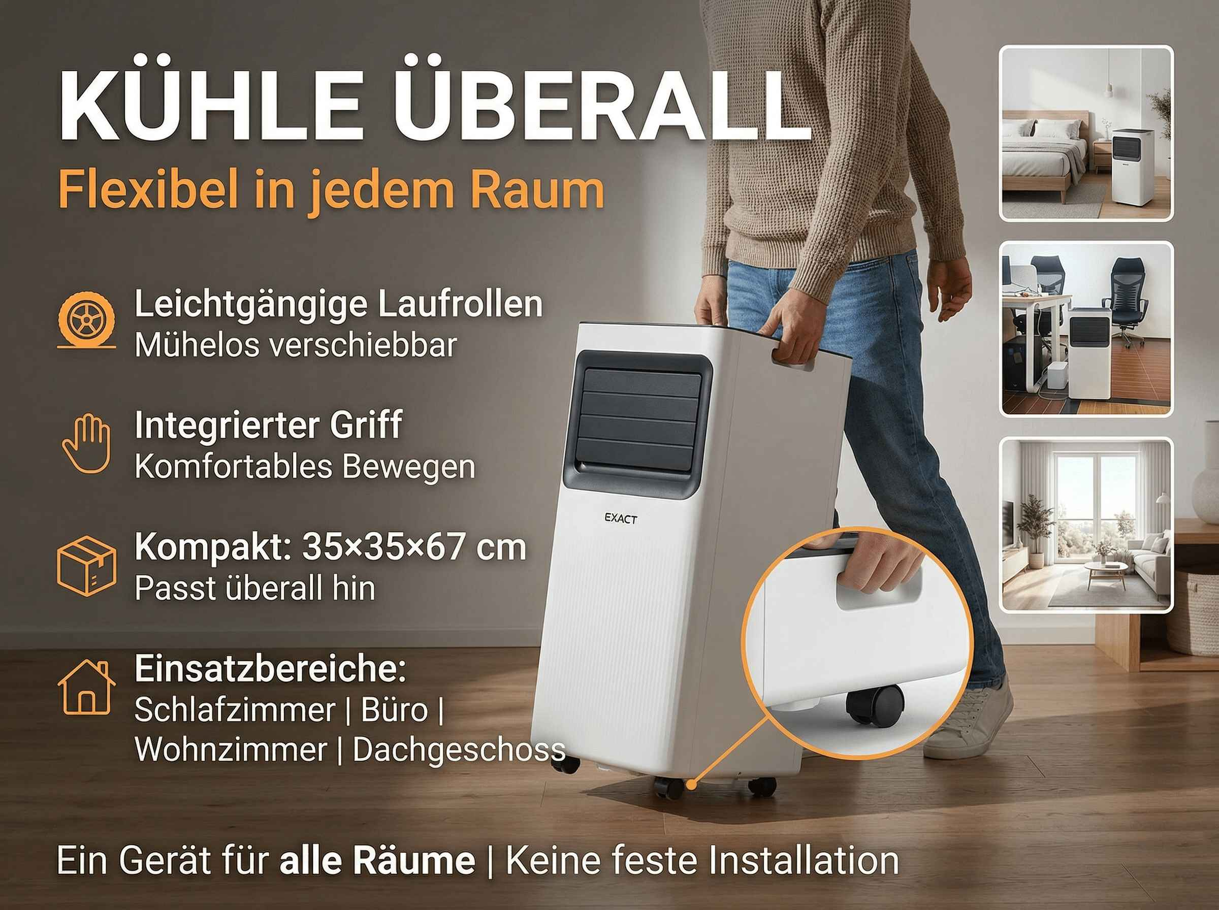 Ein weißer tragbarer Klimaanlagen-Turm mit Griffen und Rädern.
