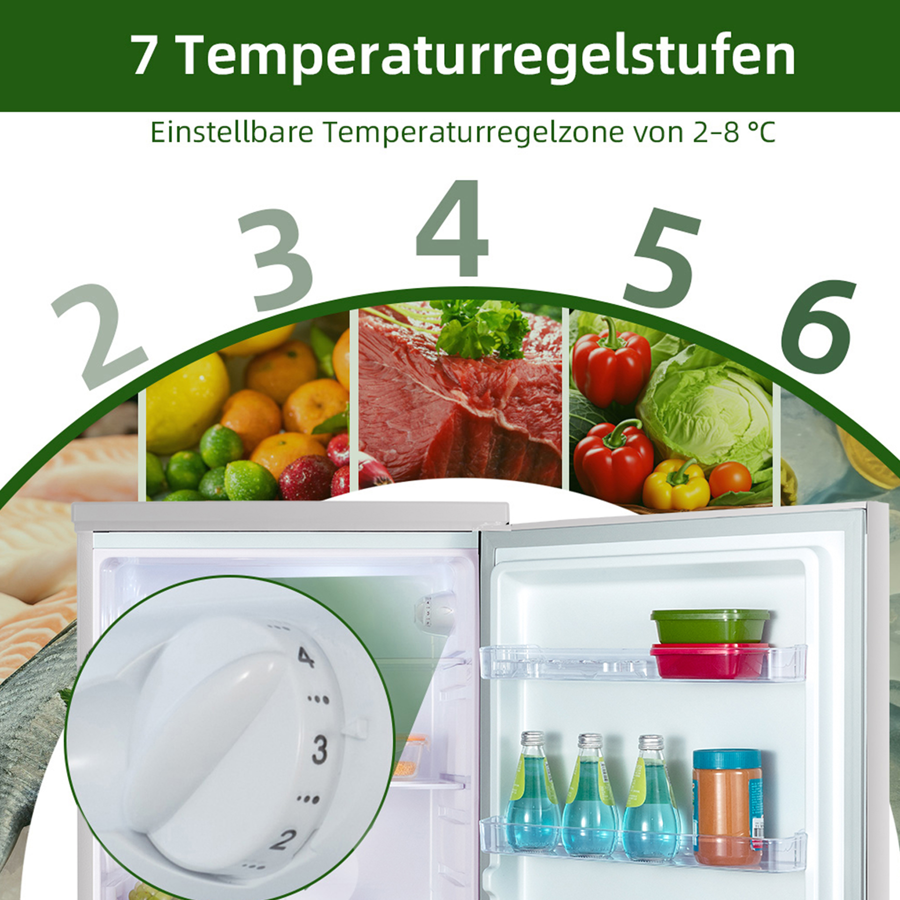 Kühlschrank mit Früchten, Fleisch, Gemüse & Reglern. 7 Temperaturstufen.