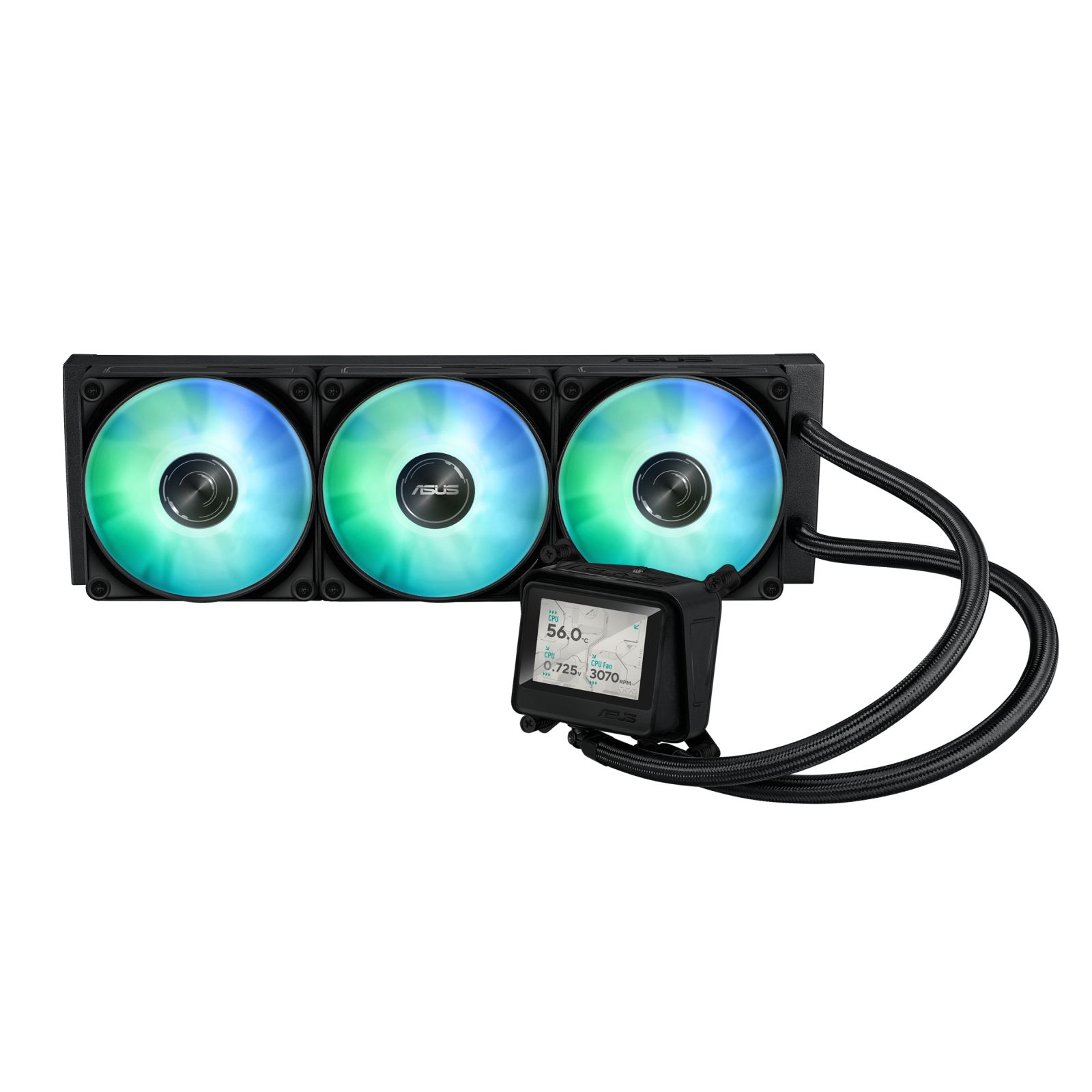 Sistem istatistiklerini gösteren küçük bir LCD ekrana ve üç RGB fanına sahip siyah bir bilgisayar CPU soğutucusu.
