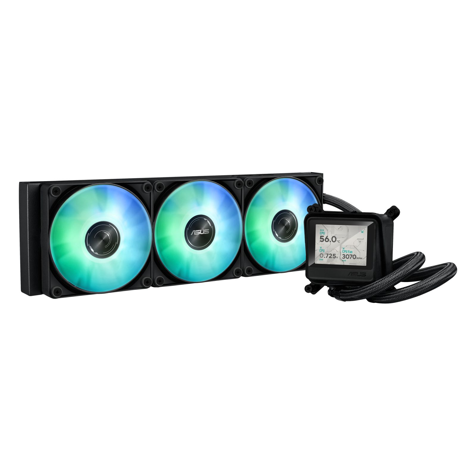RGB'li üç fan ve fan verilerini gösteren küçük bir ekran.