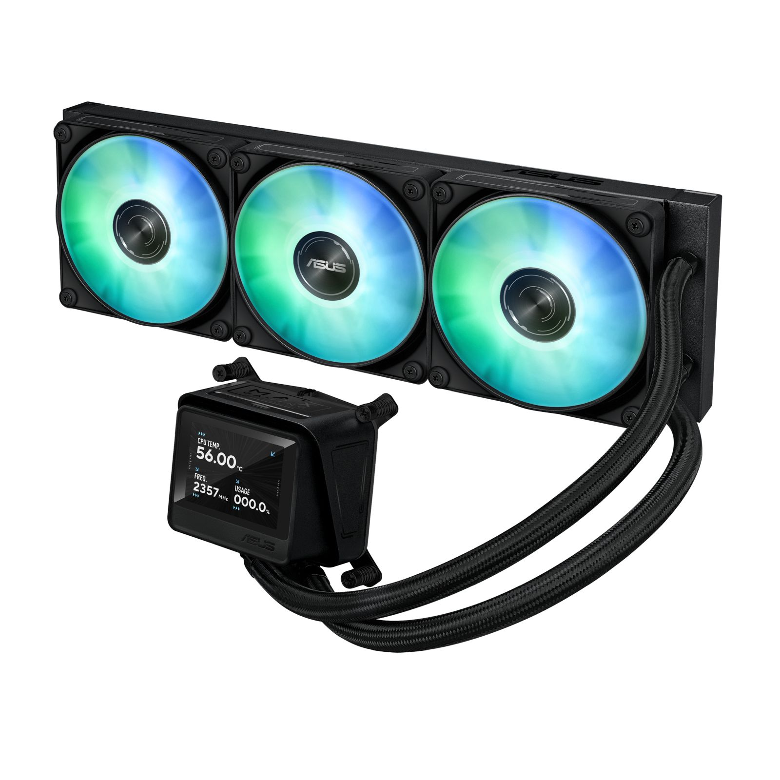 Üç RGB fanlı ve küçük ekranlı siyah CPU soğutucu.