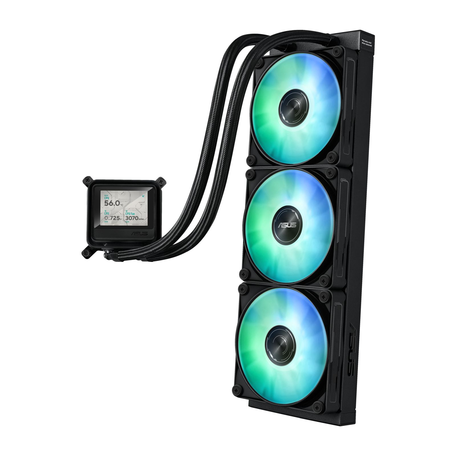 Küçük bir ekrana sahip siyah CPU soğutucu, üç fanlı.