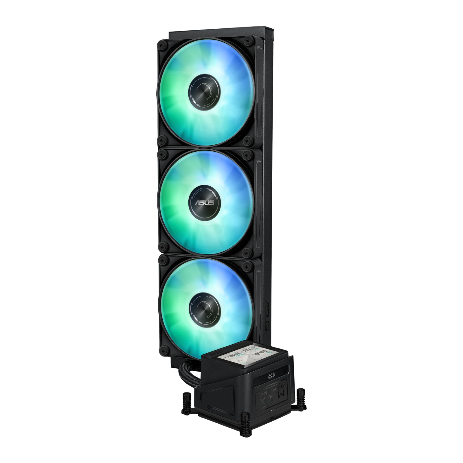 Üç RGB aydınlatmalı fanı ve siyah pompa ünitesi olan siyah bir bilgisayar soğutucusu.