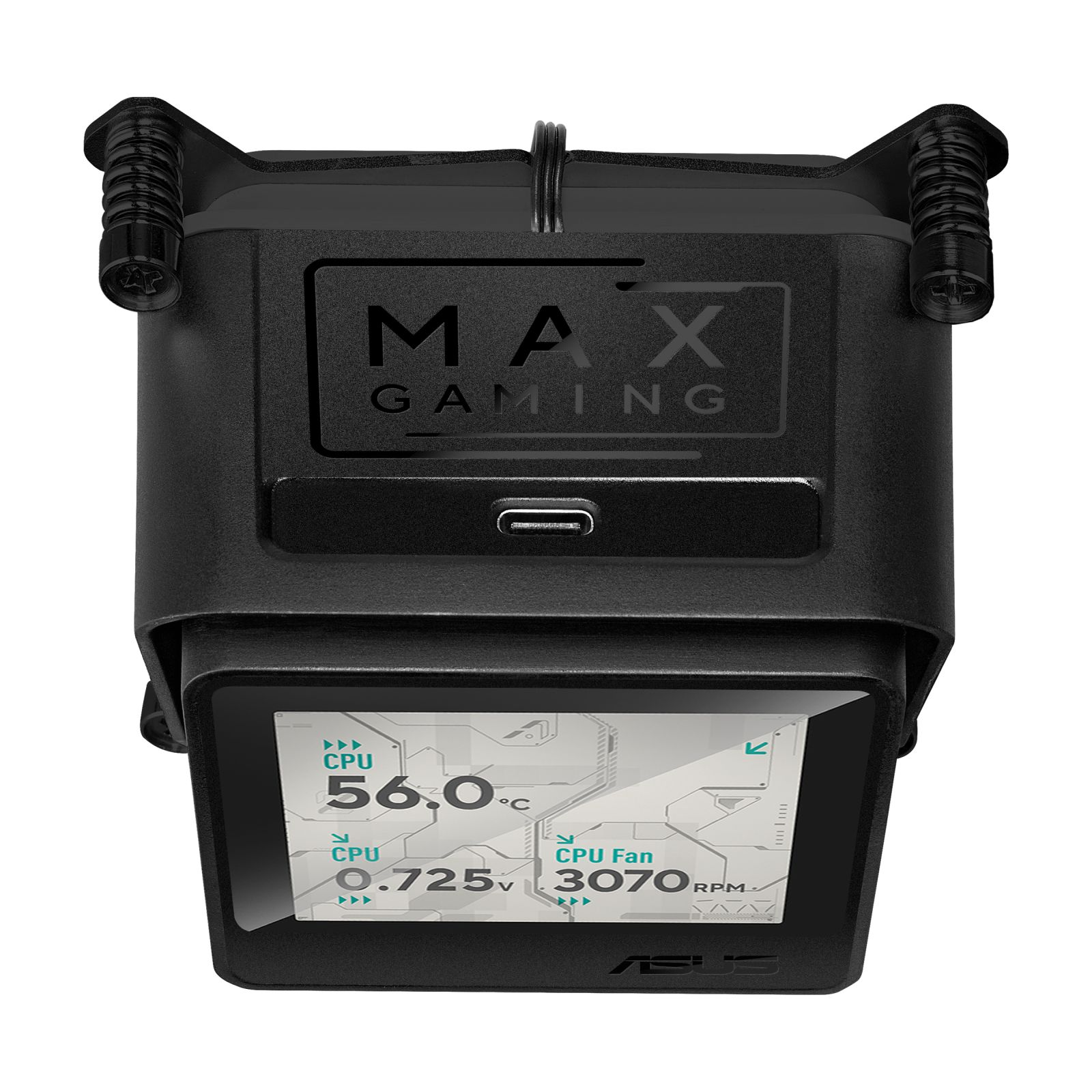 CPU sıcaklığını, voltajı ve fan hızını gösteren ekranlı siyah MAX GAMING cihazı.
