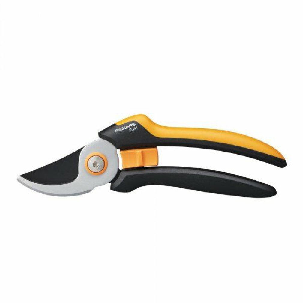 Gartenschere mit orange-schwarzen Griffen und silberner Klinge.