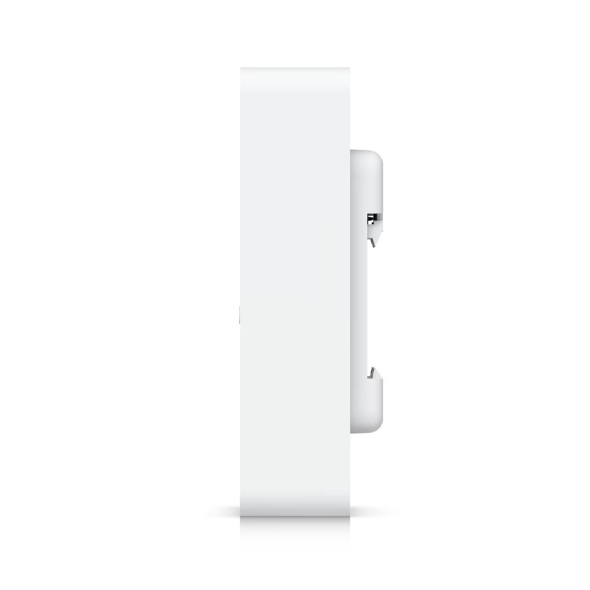 Un dispositivo bianco dai bordi arrotondati, mostrato di lato.