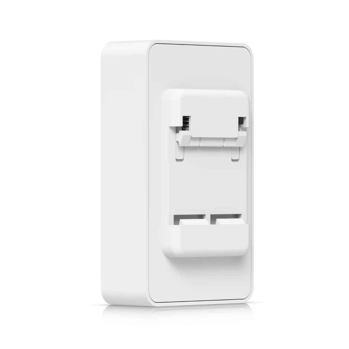 Un dispositivo bianco con clip di montaggio sul retro, isolato su sfondo bianco.