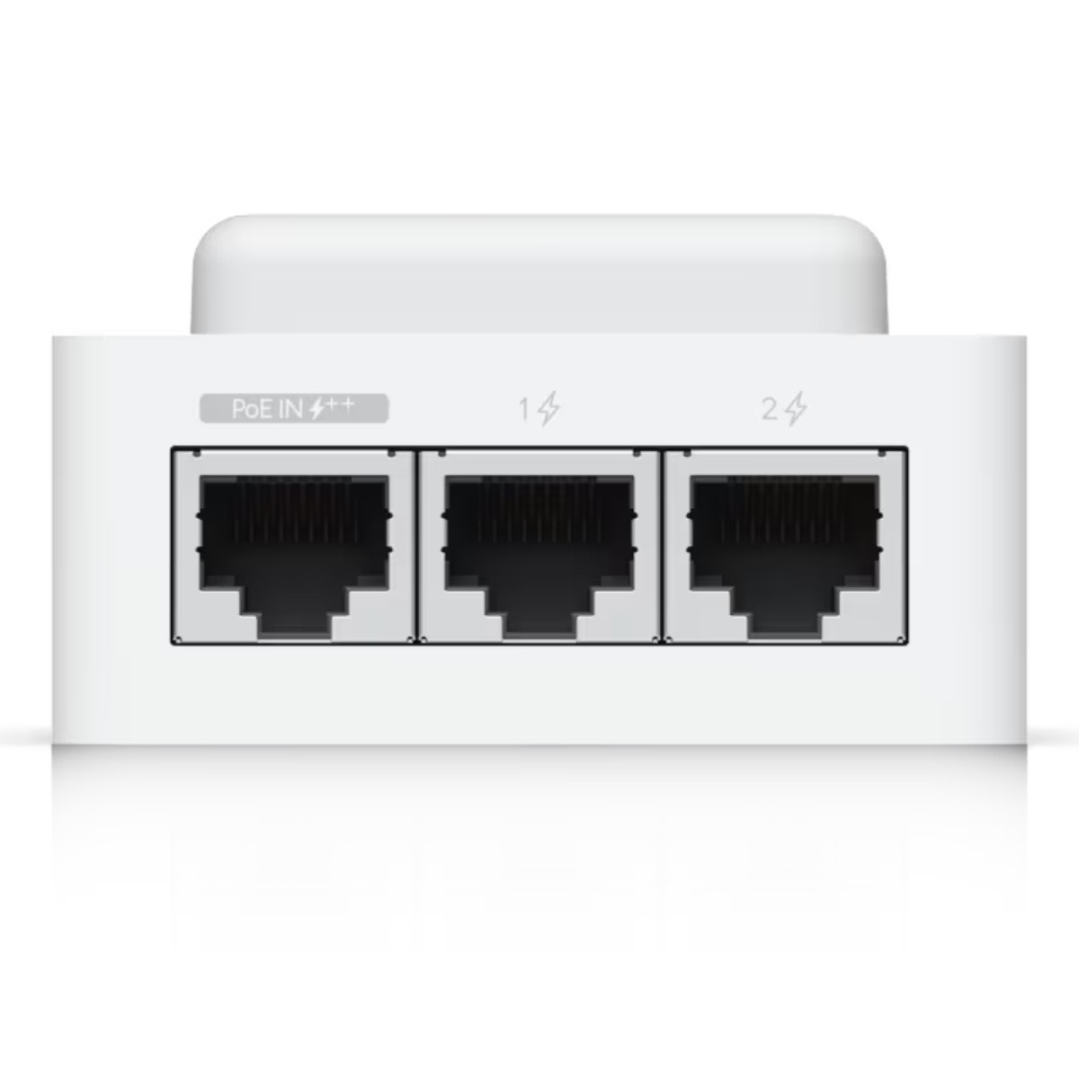 Uno switch di rete bianco con tre porte Ethernet ed etichetta PoE IN.
