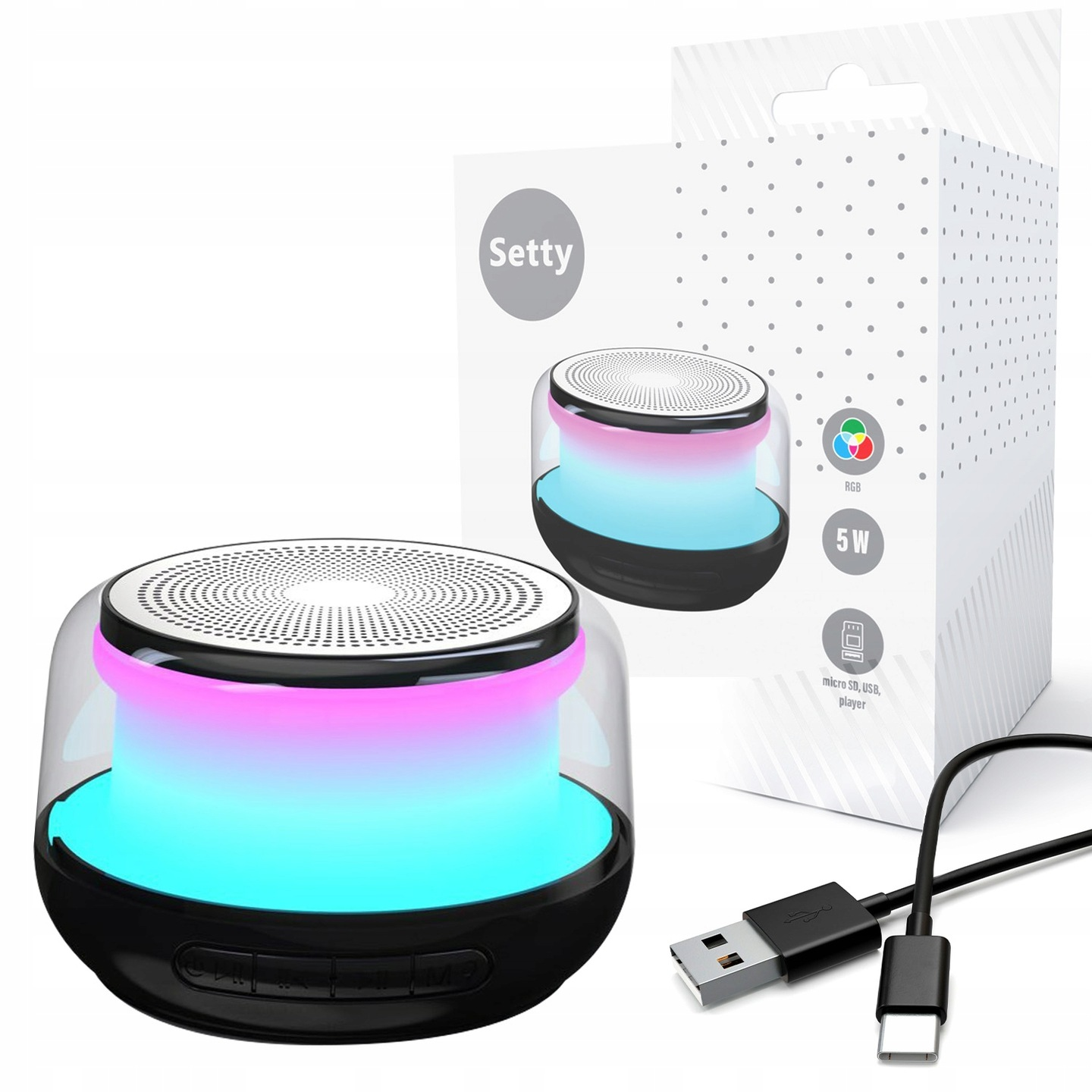 Przenośny głośnik z oświetleniem RGB i kablem USB.