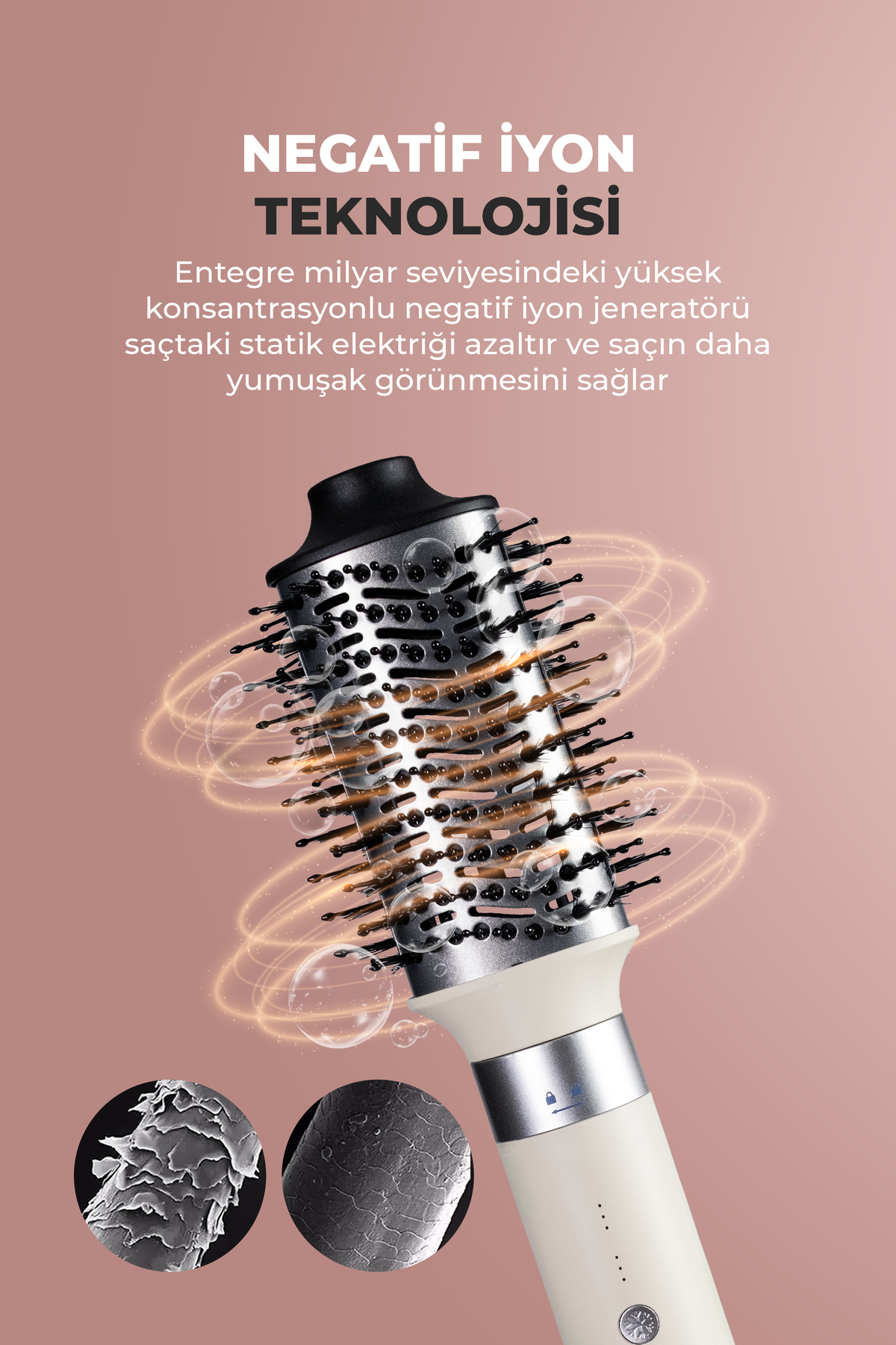 Negatif iyon teknolojili elektrikli saç kurutma makinesi, saç yapısı yakın çekimleriyle birlikte.