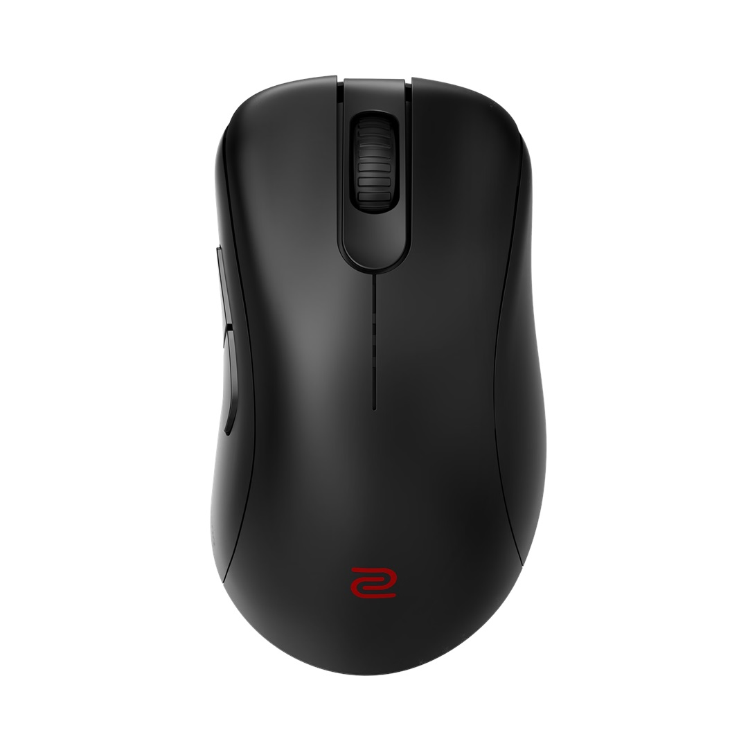 Mouse nero con rotellina e logo rosso su sfondo bianco.