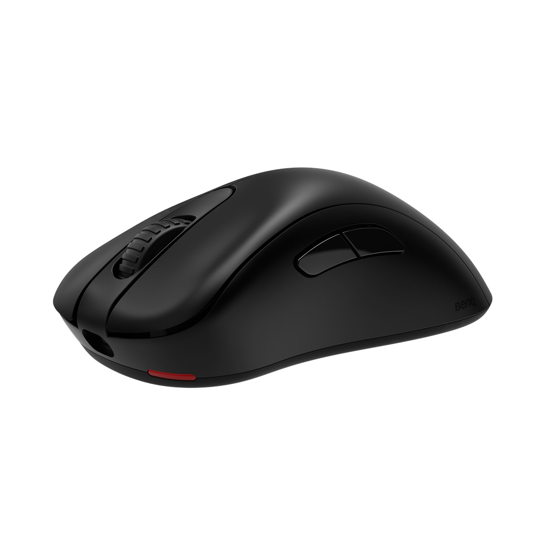 Mouse per computer nero con rotellina di scorrimento e due pulsanti, accento rosso.