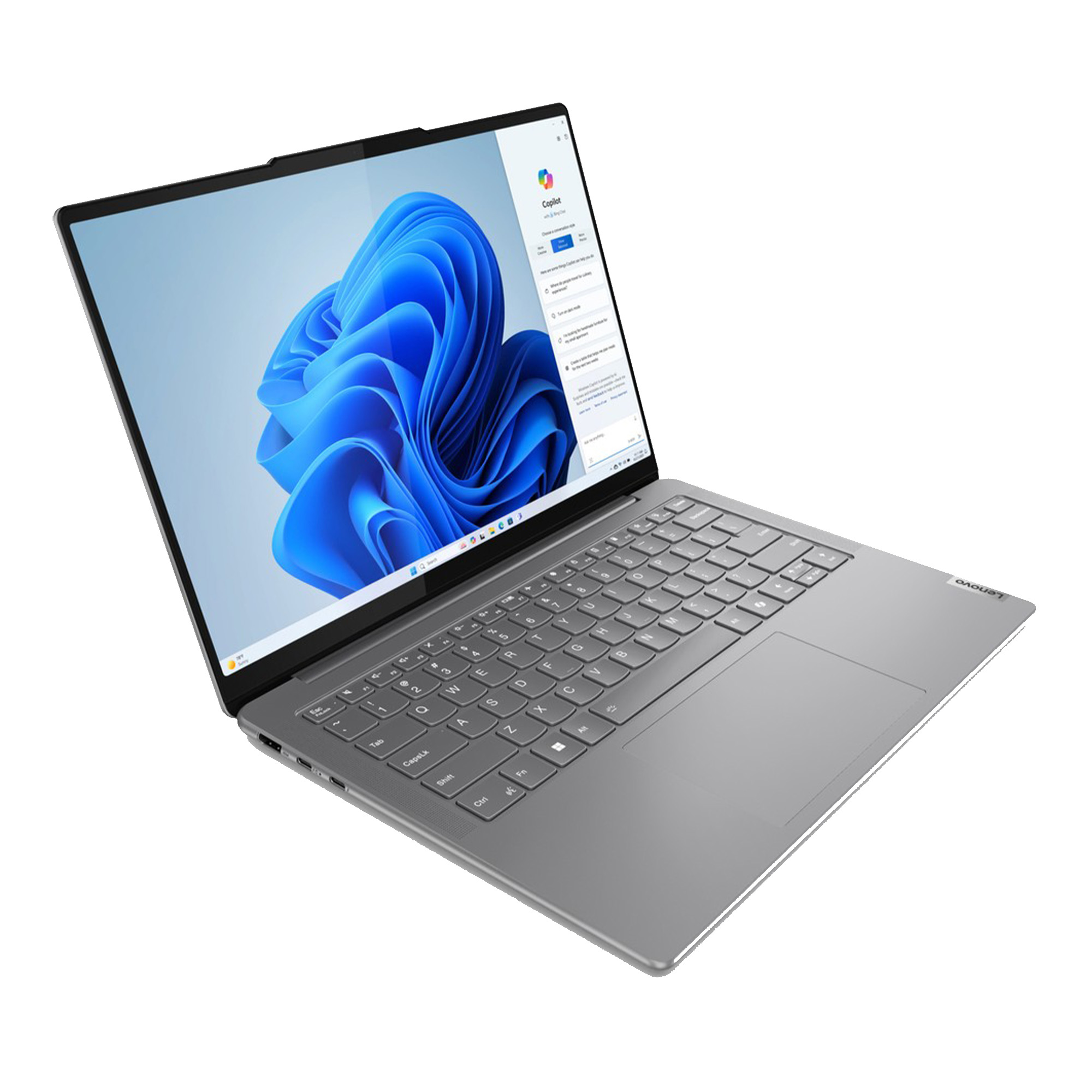 Windows 11 Copilot arayüzünü gösteren açık ekranlı gümüş bir dizüstü bilgisayar.