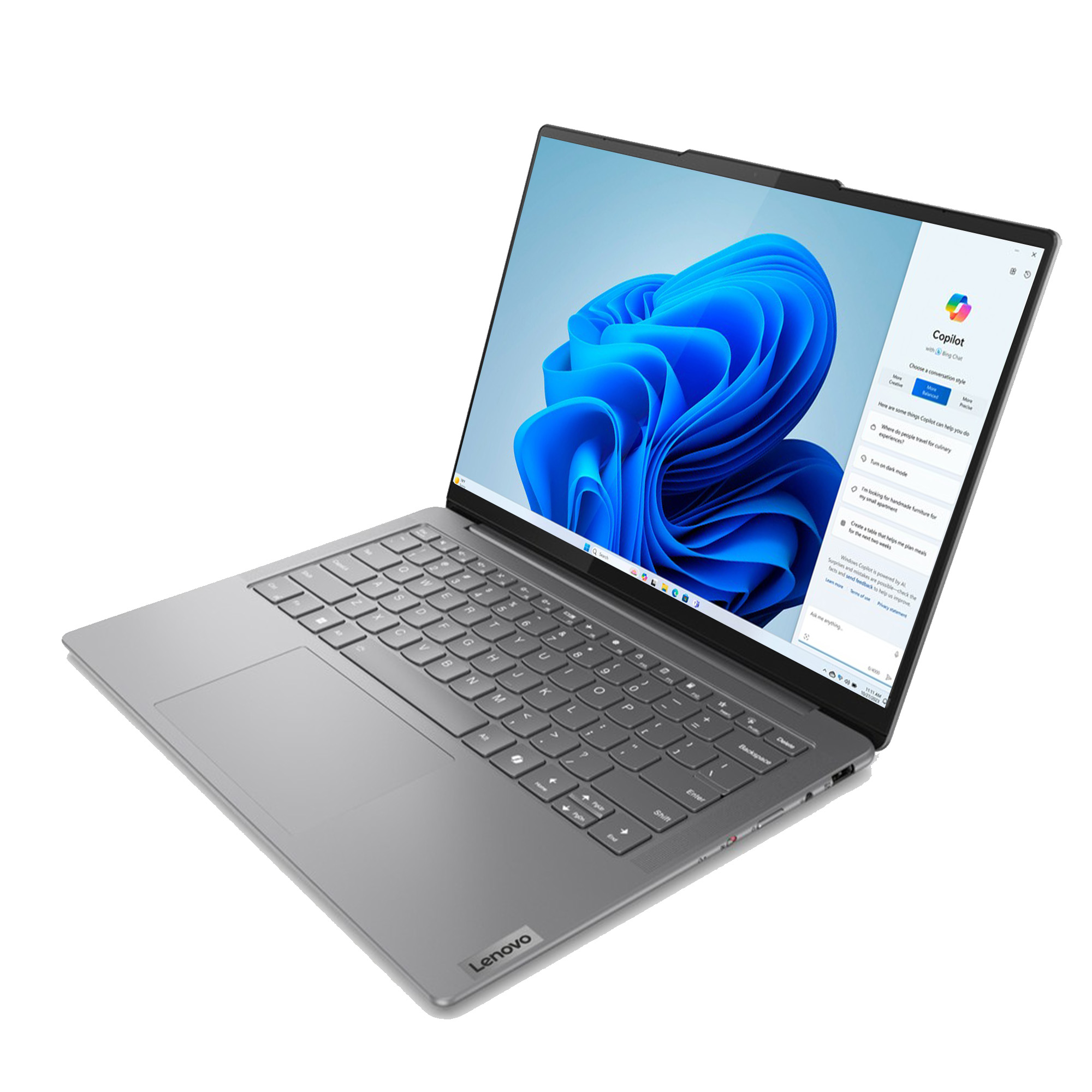 Klavye, dokunmatik yüzey ve mavi Windows logosu gösteren ekrana sahip gümüş rengi bir dizüstü bilgisayar.